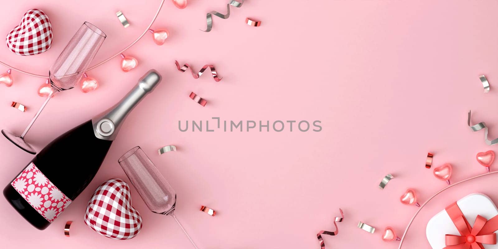 Valentines Day with champagne, gift box and ball light decor. Holiday illustration banner. for valentine and mother day anniversary design. 3d rendering illustration.
