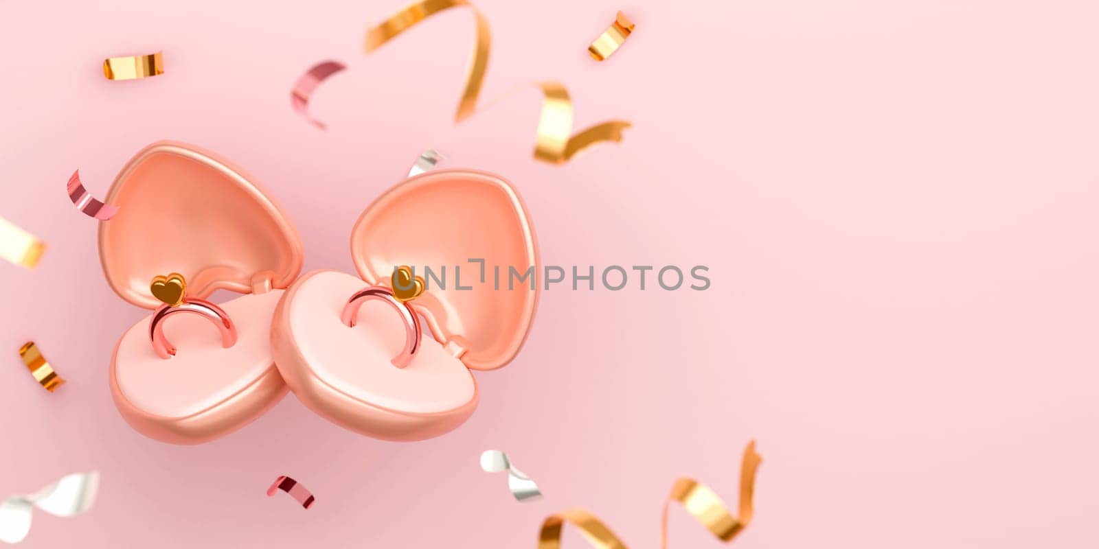 Wedding rings on pastel pink background. 14 February Happy valentine and mother day anniversary design. 3d rendering illustration.