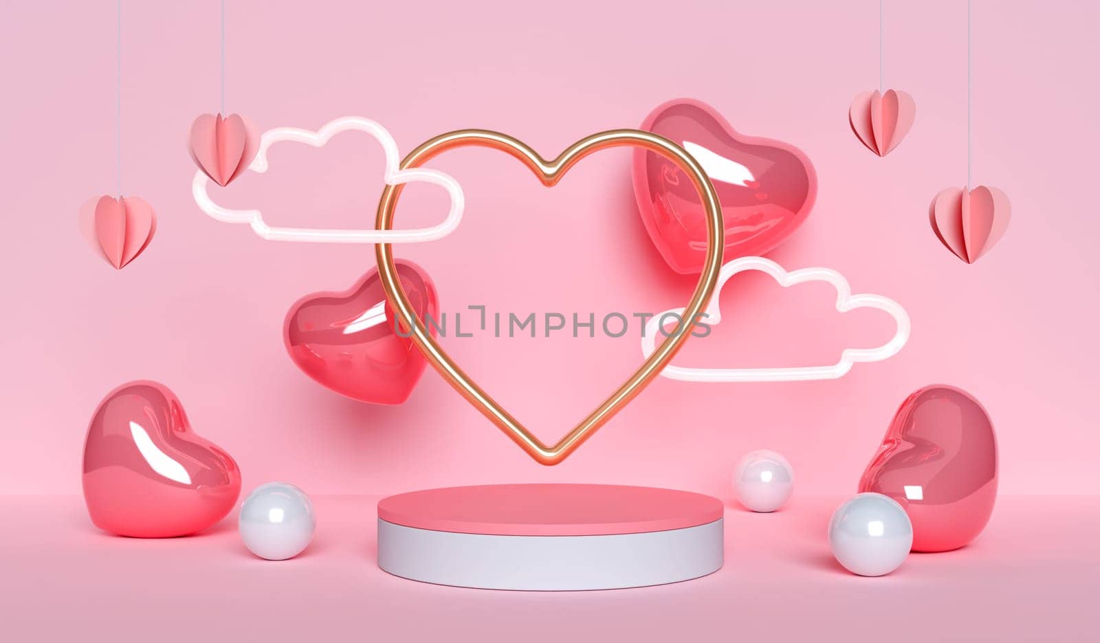 Abstract mock up scene. geometry podium shape for display product, present and advertising. valentine heart love wedding concept. 3D rendering illustration.