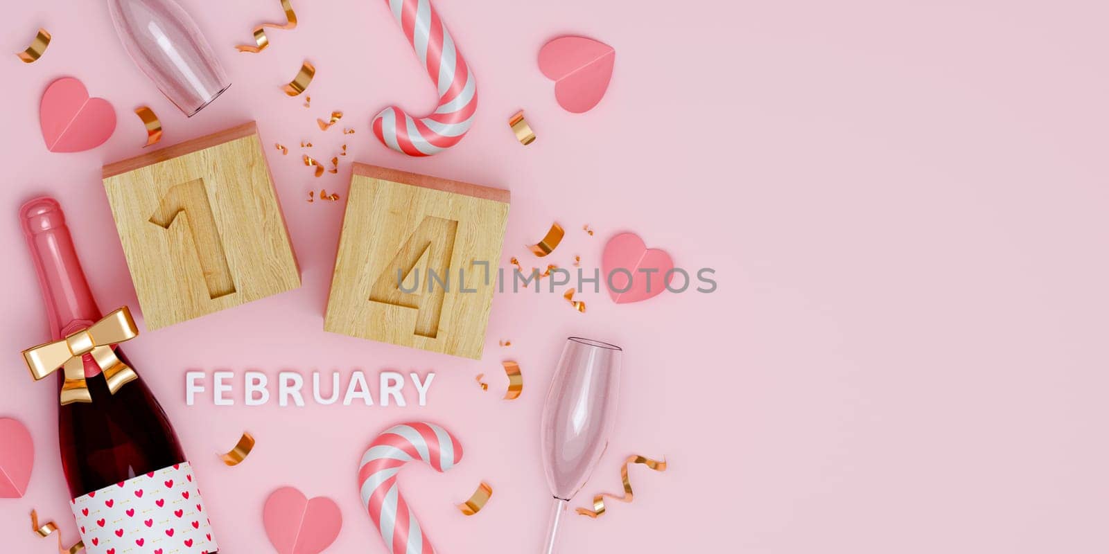 Valentines Day with champagne, 14 February. Holiday illustration banner. for valentine and mother day anniversary design. 3d rendering illustration.