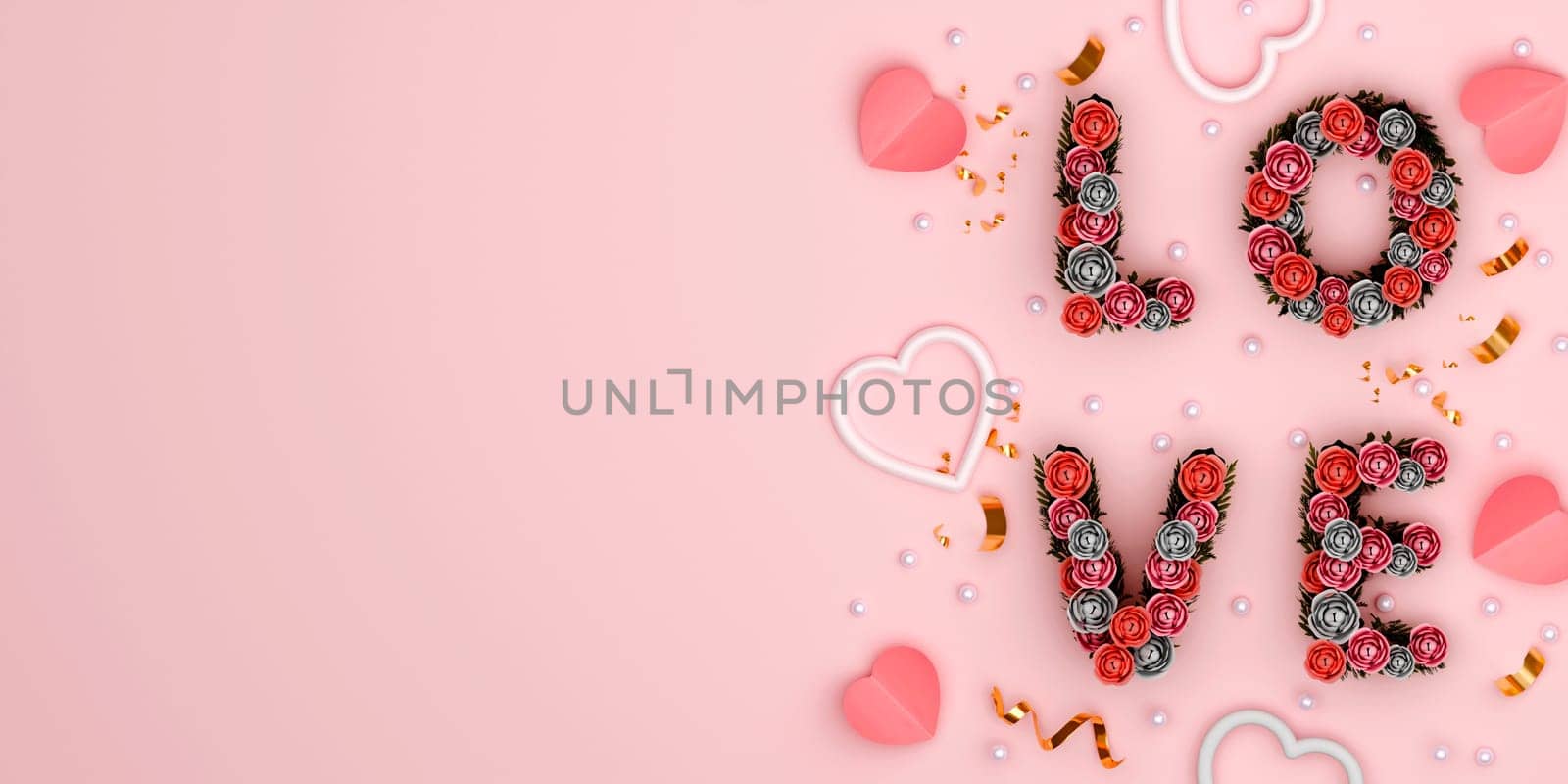 Valentines Day with LOVE text, gift box and ball light decor. Holiday illustration banner copy space. for valentine and mother day anniversary design. 3d rendering illustration by meepiangraphic