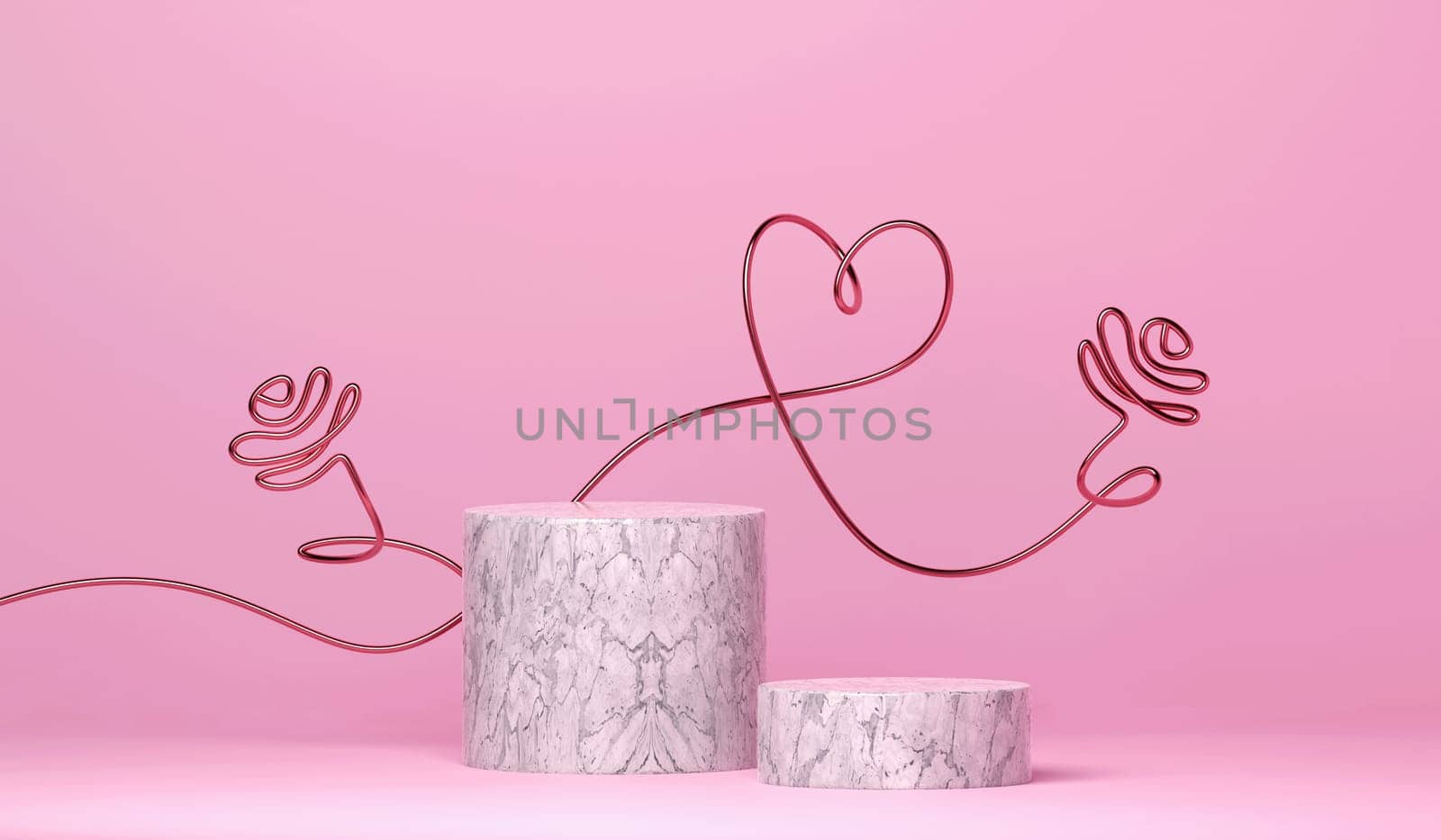 Abstract pastel pink background. Valentines Day festive concept with pink golden heart line art and pedestal. Modern minimal showcase scene with empty podium steps for product presentation. 3D rendering illustration.