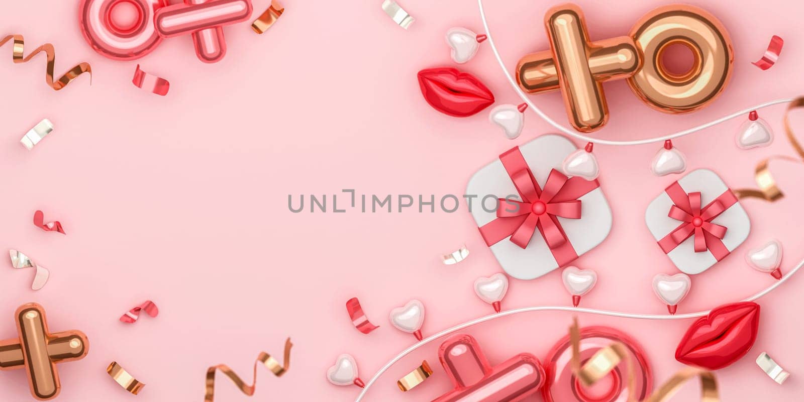 Valentines Day with gift box XO shape decor pink background. Holiday illustration banner with copy space. for valentine and mother day anniversary design. 3d rendering illustration.