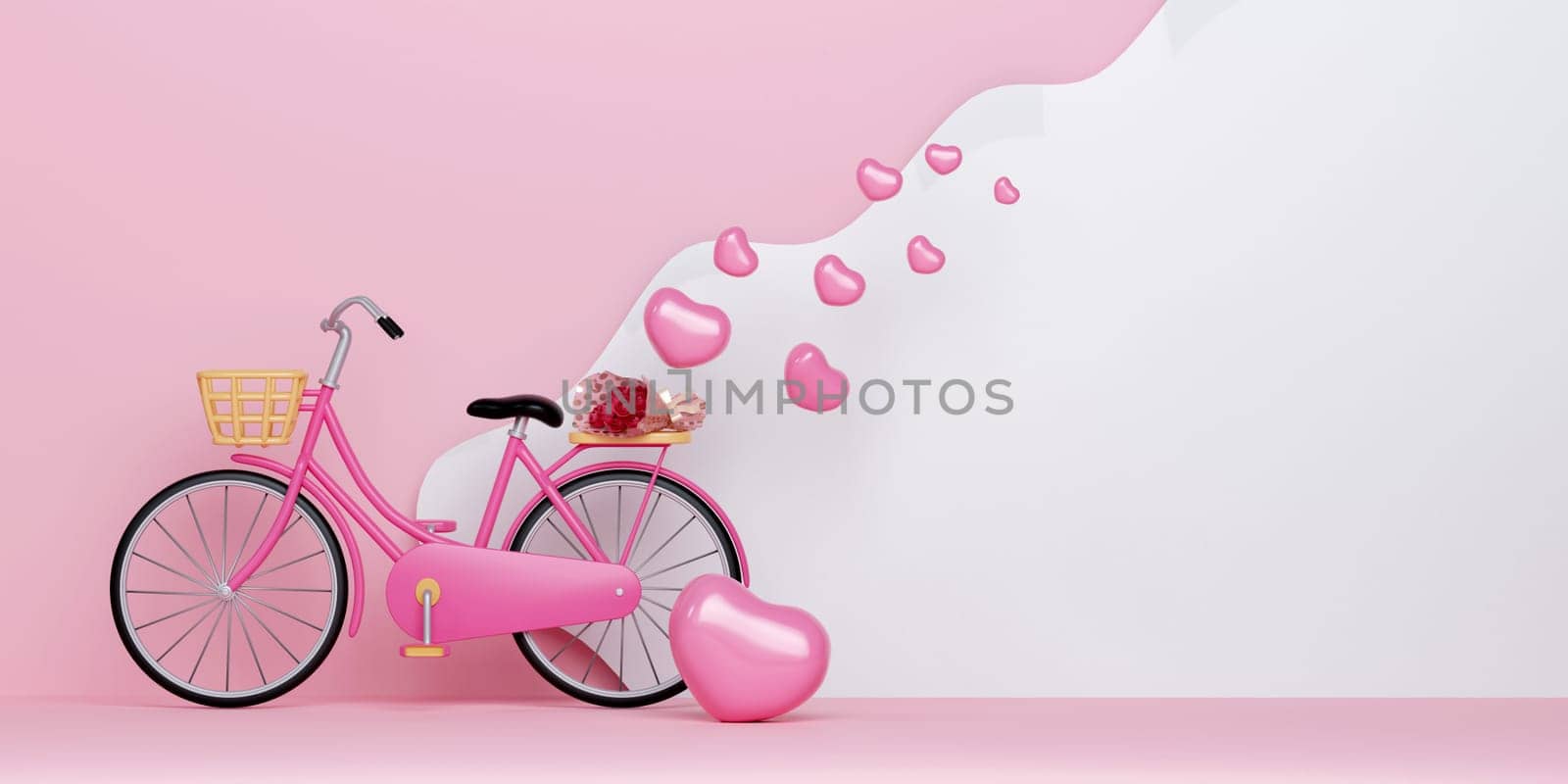 Pink bicycle and pink heart balloons. Love concept. Happy Valentine's Day wallpaper, poster, card. copy space for texting. 3D rendering illustration.