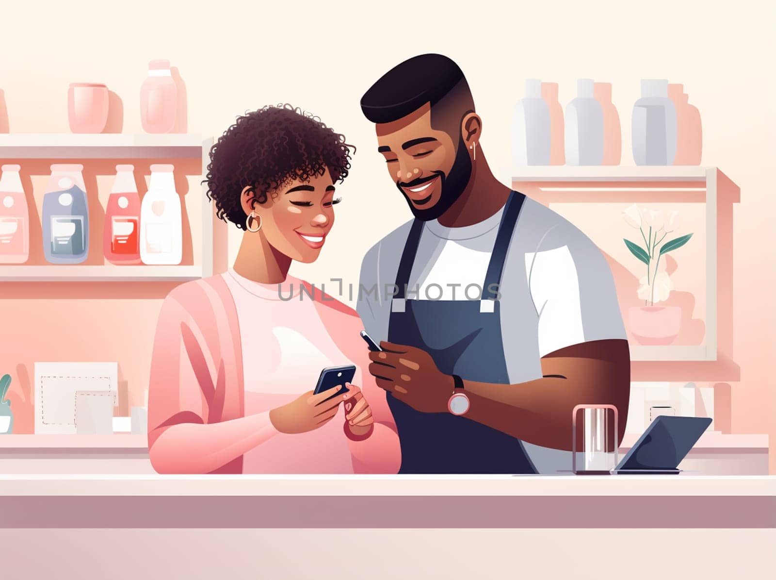 Man and Woman talking on social media to mention. Cartoon illustration in flat style. Couple of lover with dating sites. High quality photo