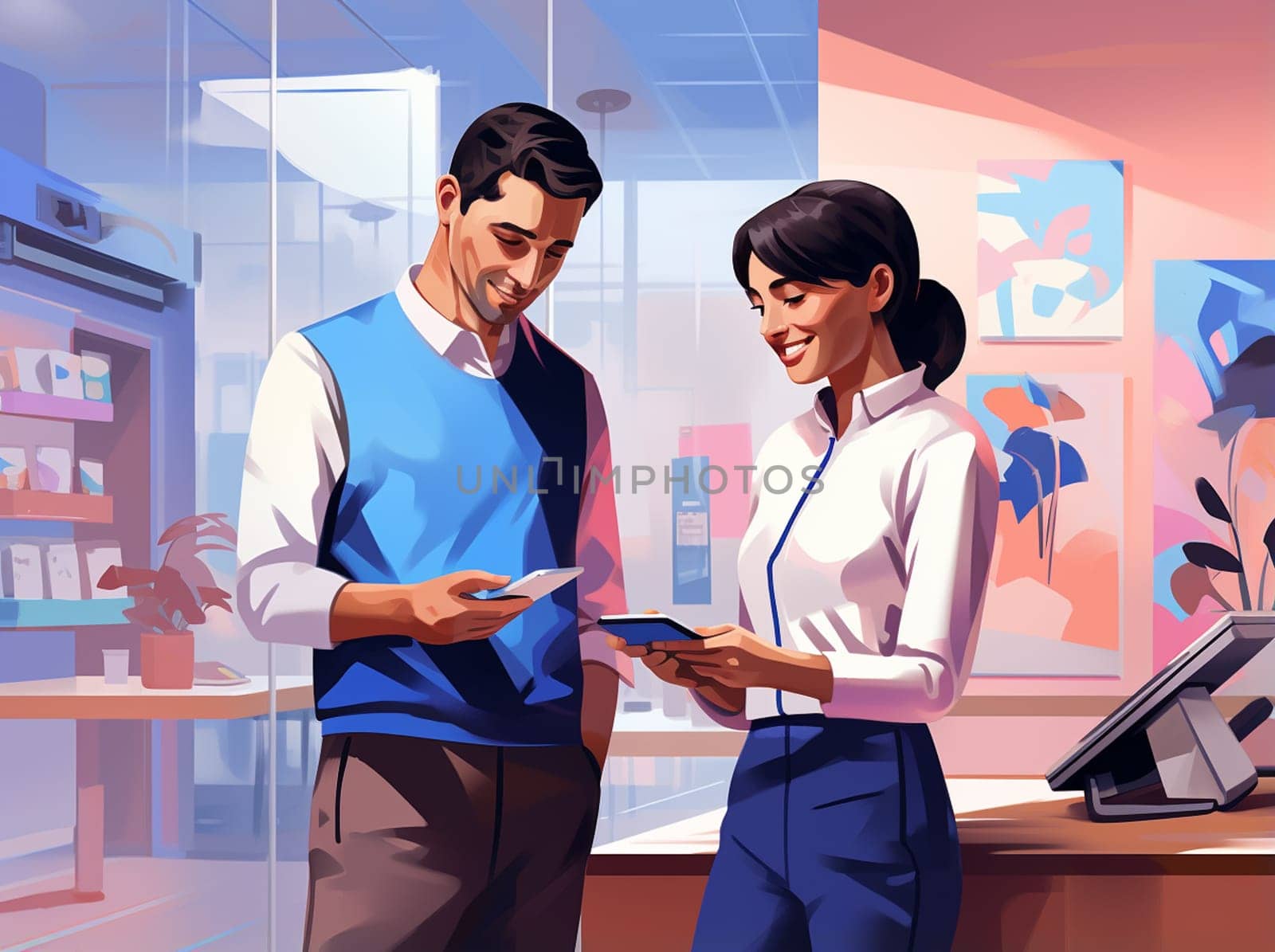 Concept of business colleague working on project presentation in company corporate office. illustration. High quality photo