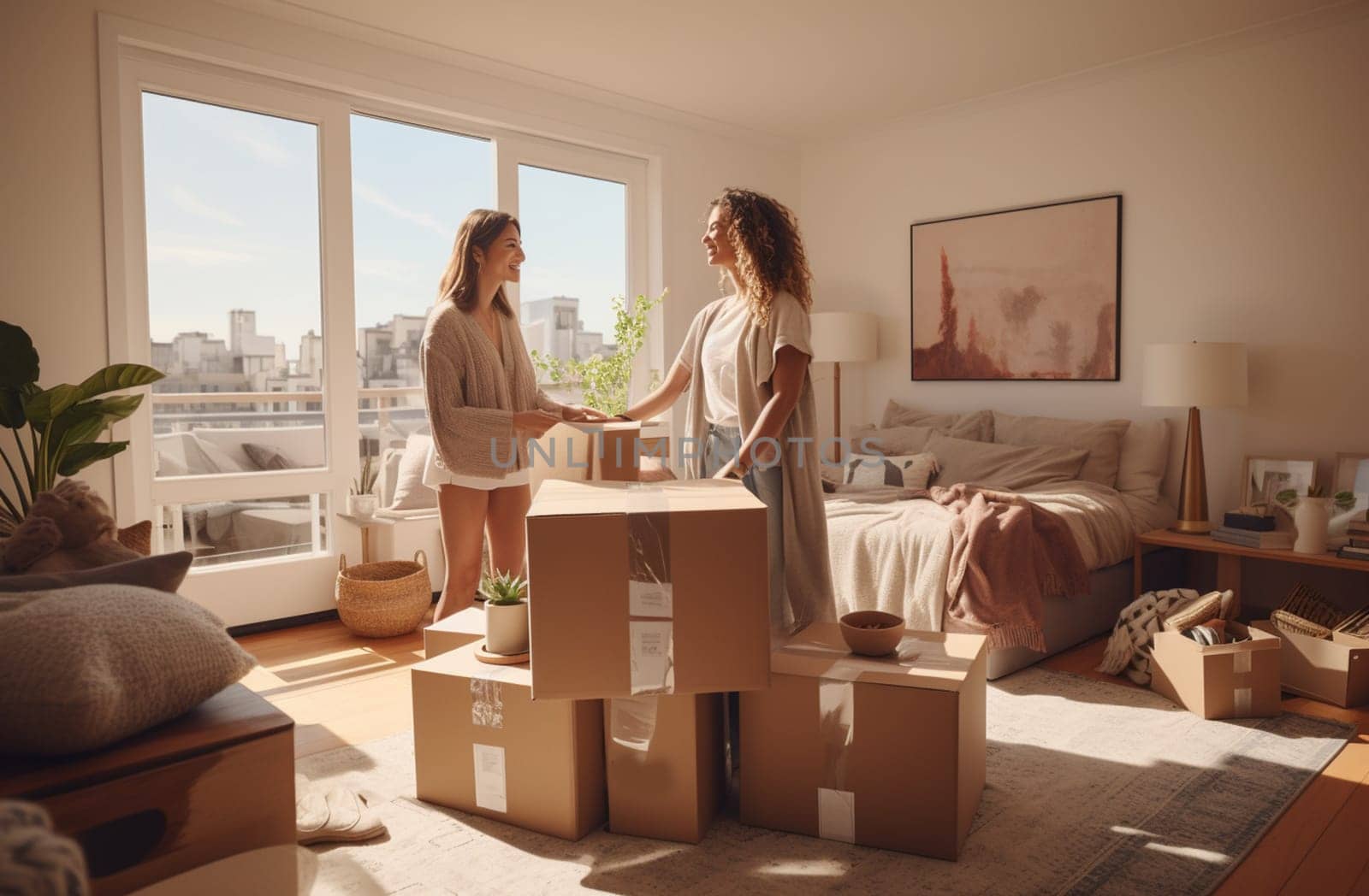 Two happy roommates talking unboxing gelongings moving home . High quality photo