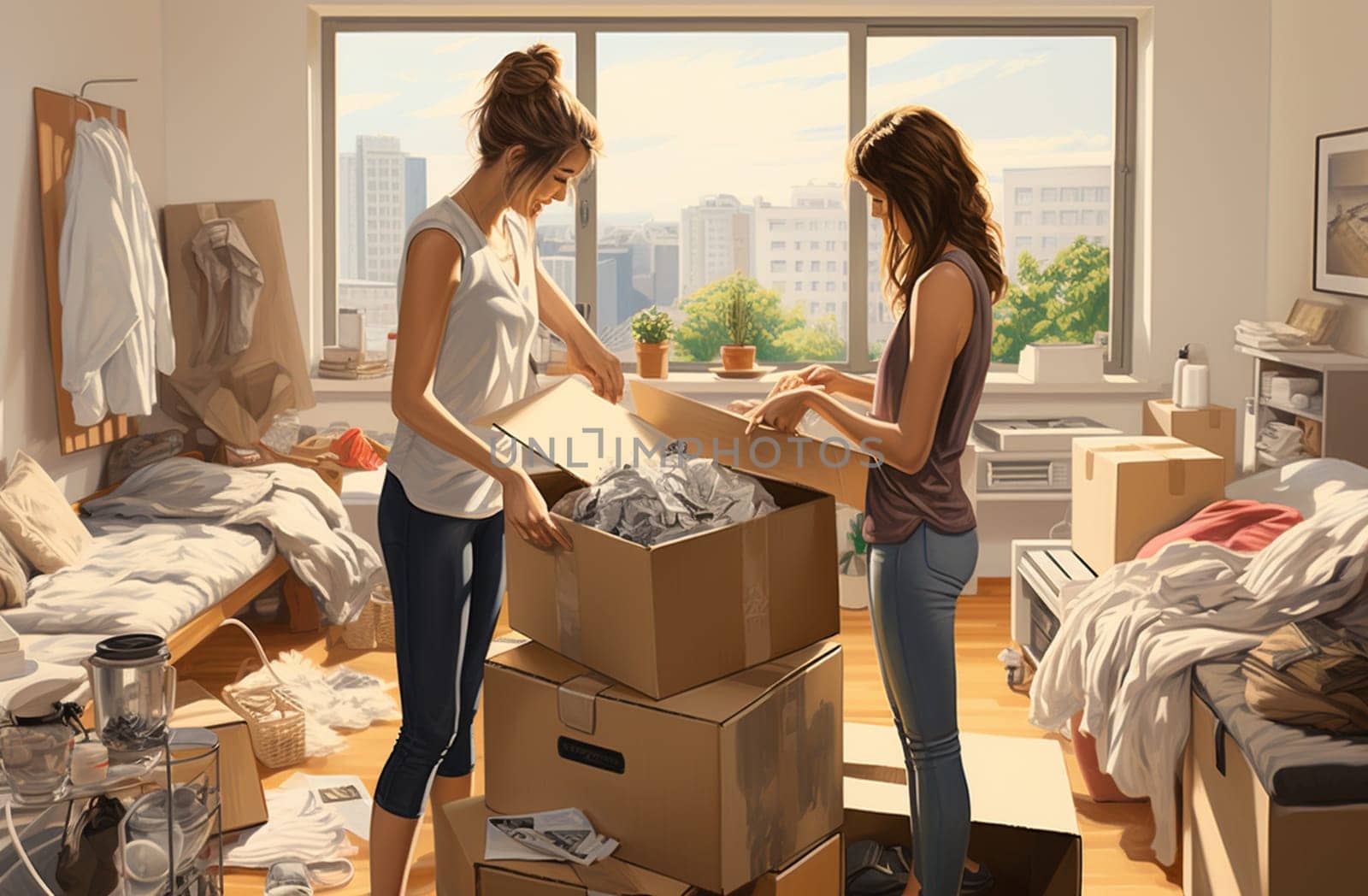 Two happy roommates talking unboxing gelongings moving home . High quality photo