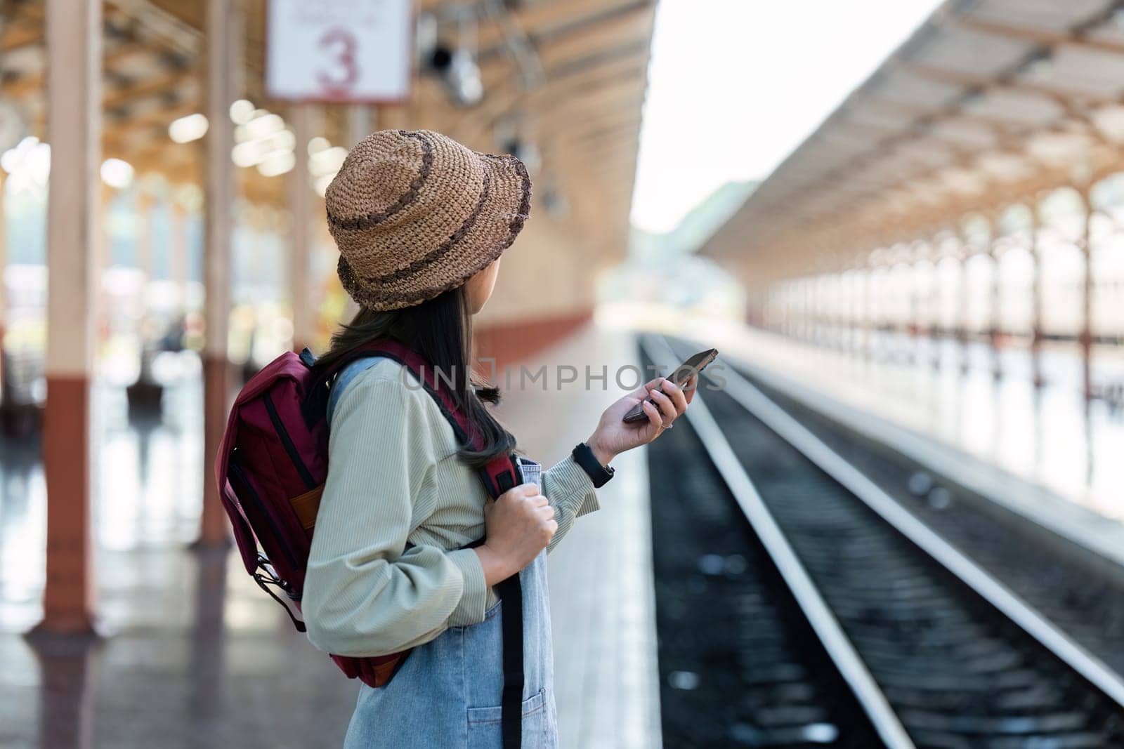 Woman using mobile phone while travel by train. travel concept.