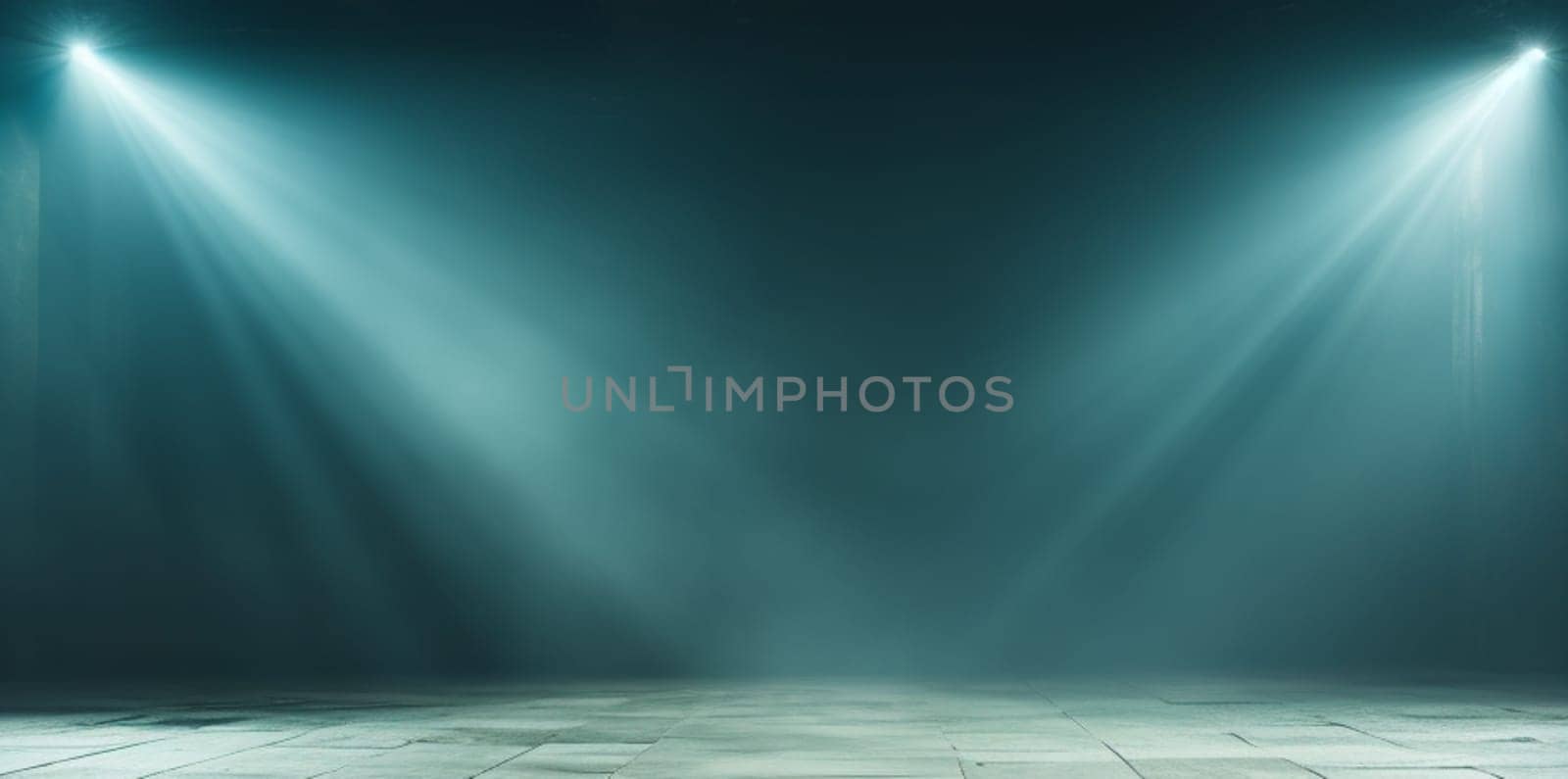 Blue theatrical beams of overhead light illuminating an empty dark stage. Bright neon spotlights and smoke on a black studio background. Light show, disco club lights. High quality photo