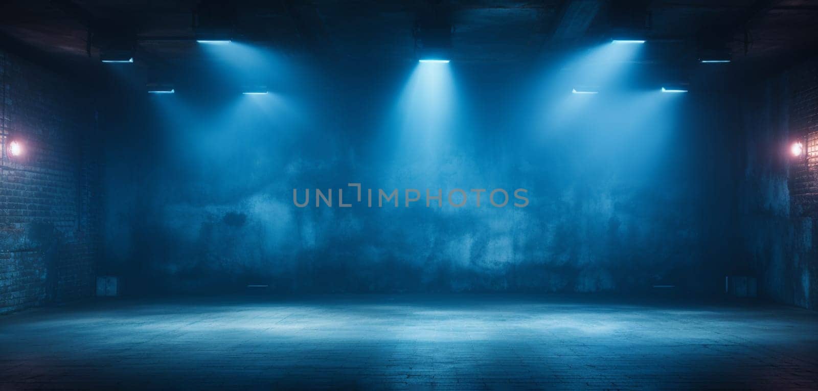 Background of an empty dark room. Empty walls, neon light, smoke, glow. blue neon light. High quality photo