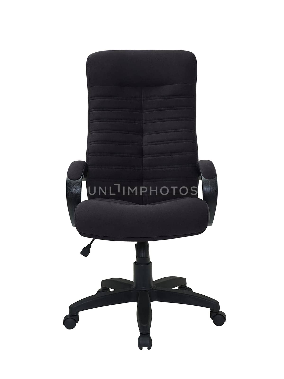 black fabric armchair on wheels isolated on white background, front view. modern furniture in minimal style, interior, home design