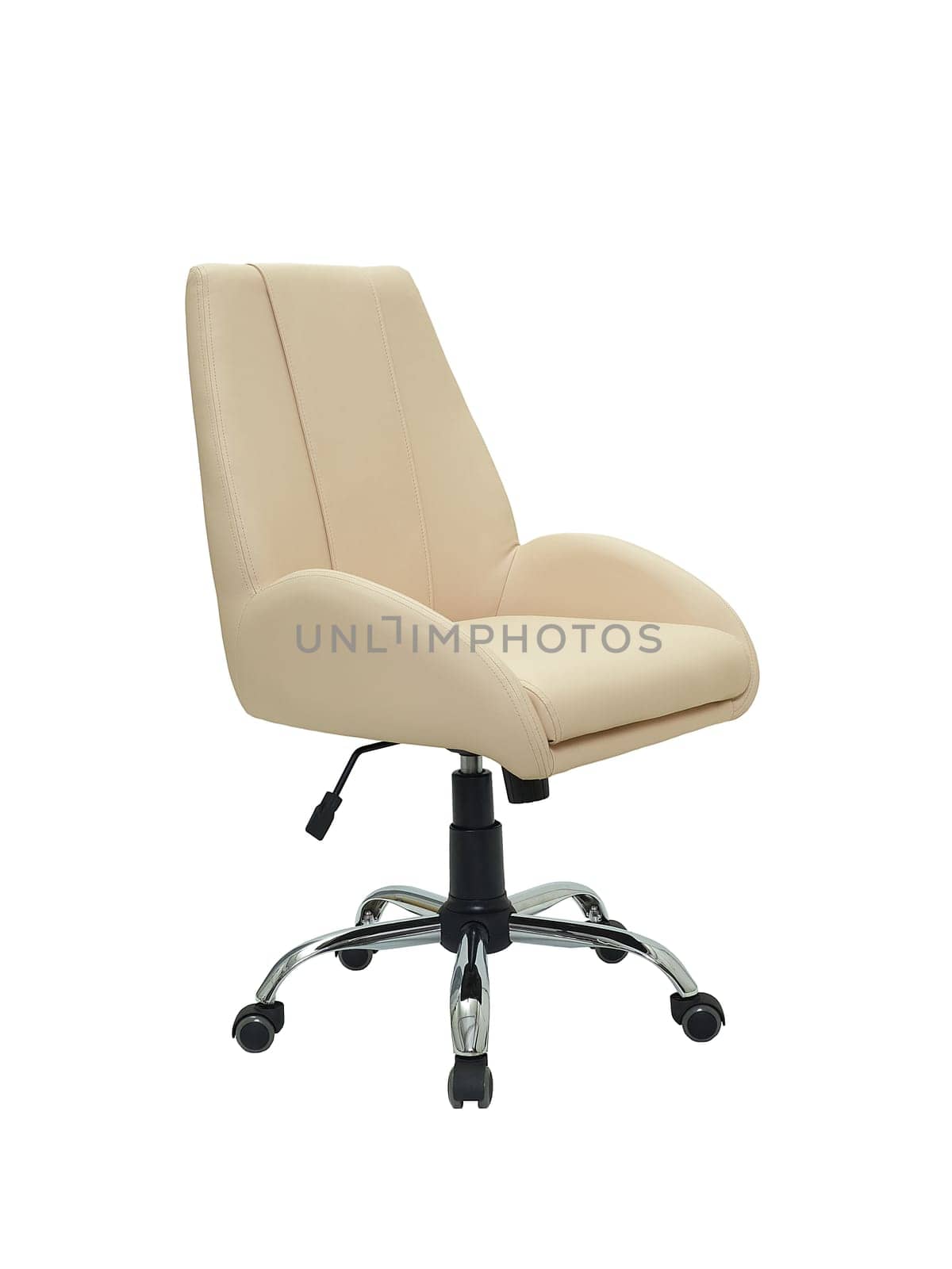 beige office armchair on wheels isolated on white background, side view. furniture in minimal style