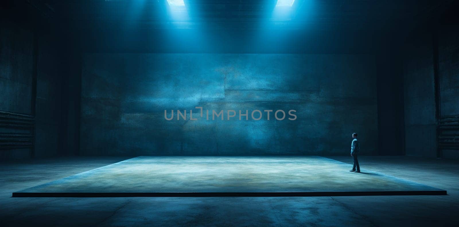 Blue theatrical beams of overhead light illuminating an empty dark stage. Bright neon spotlights and smoke on a black studio background. Light show, disco club lights. by Andelov13
