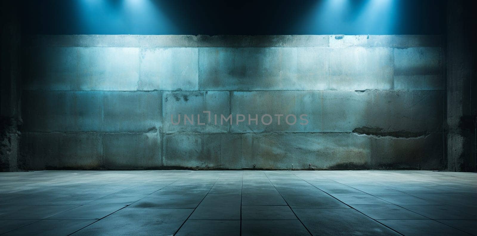 Background of an empty dark room. Empty walls, neon light, smoke, glow. blue neon light. by Andelov13