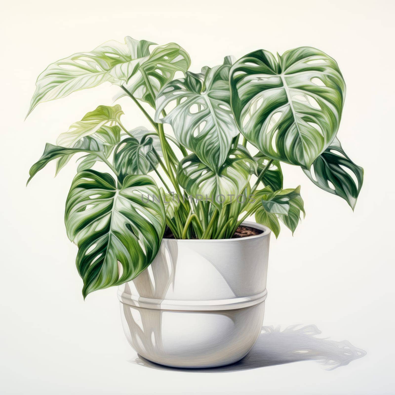 Monstera plant in white pot isolated on white background. Close up, isolated object