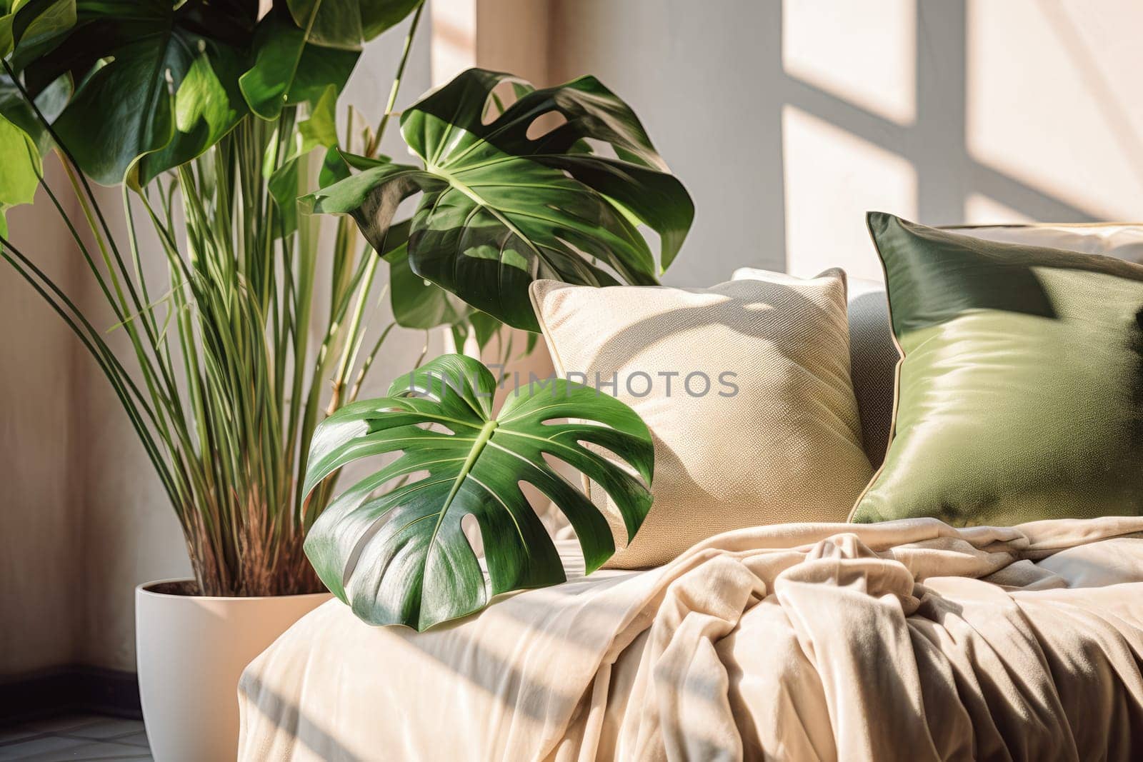 Cozy bright bedroom with indoor plants.Home interior design.Biophilia design,urban jungle concept.