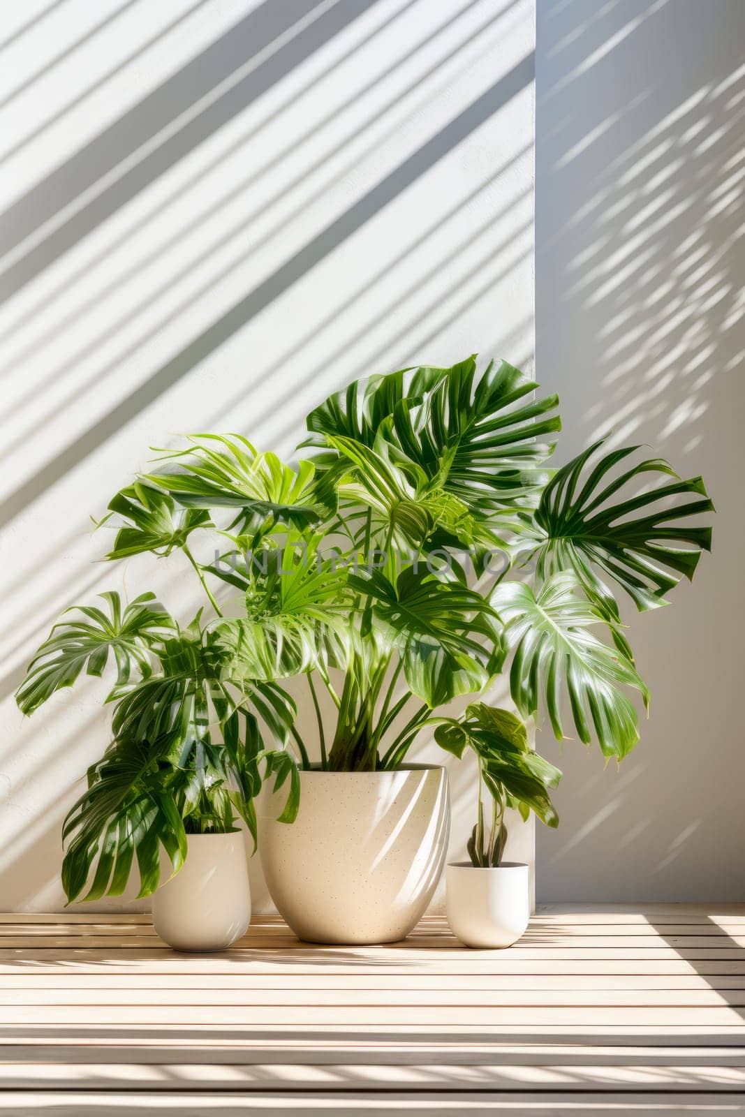 Home plants in white pots. Lighting - sunlight. Background white wall. Copy space for text by Ramanouskaya