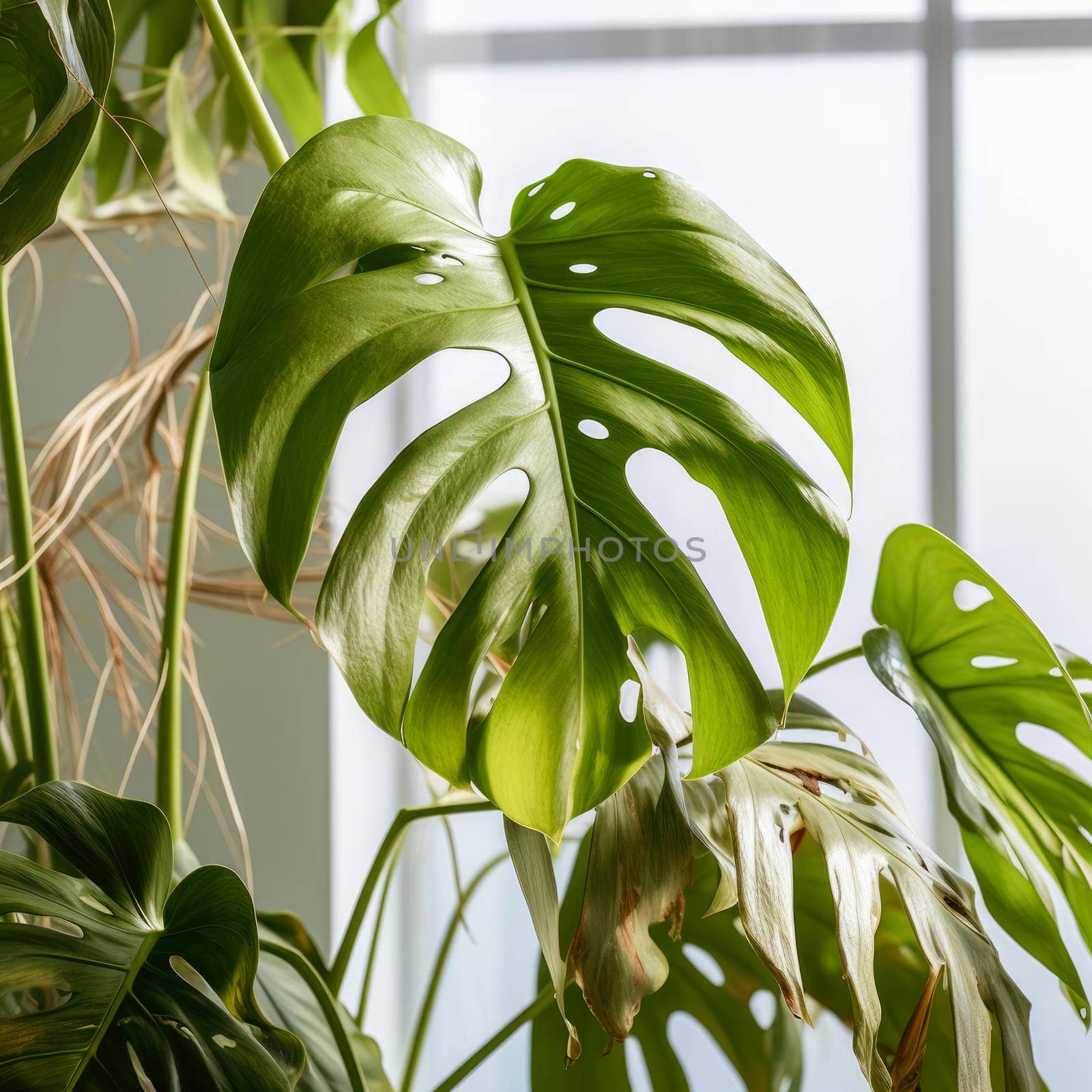Withered monstera leaves, neglected ornamental plants, home plants, improper care.