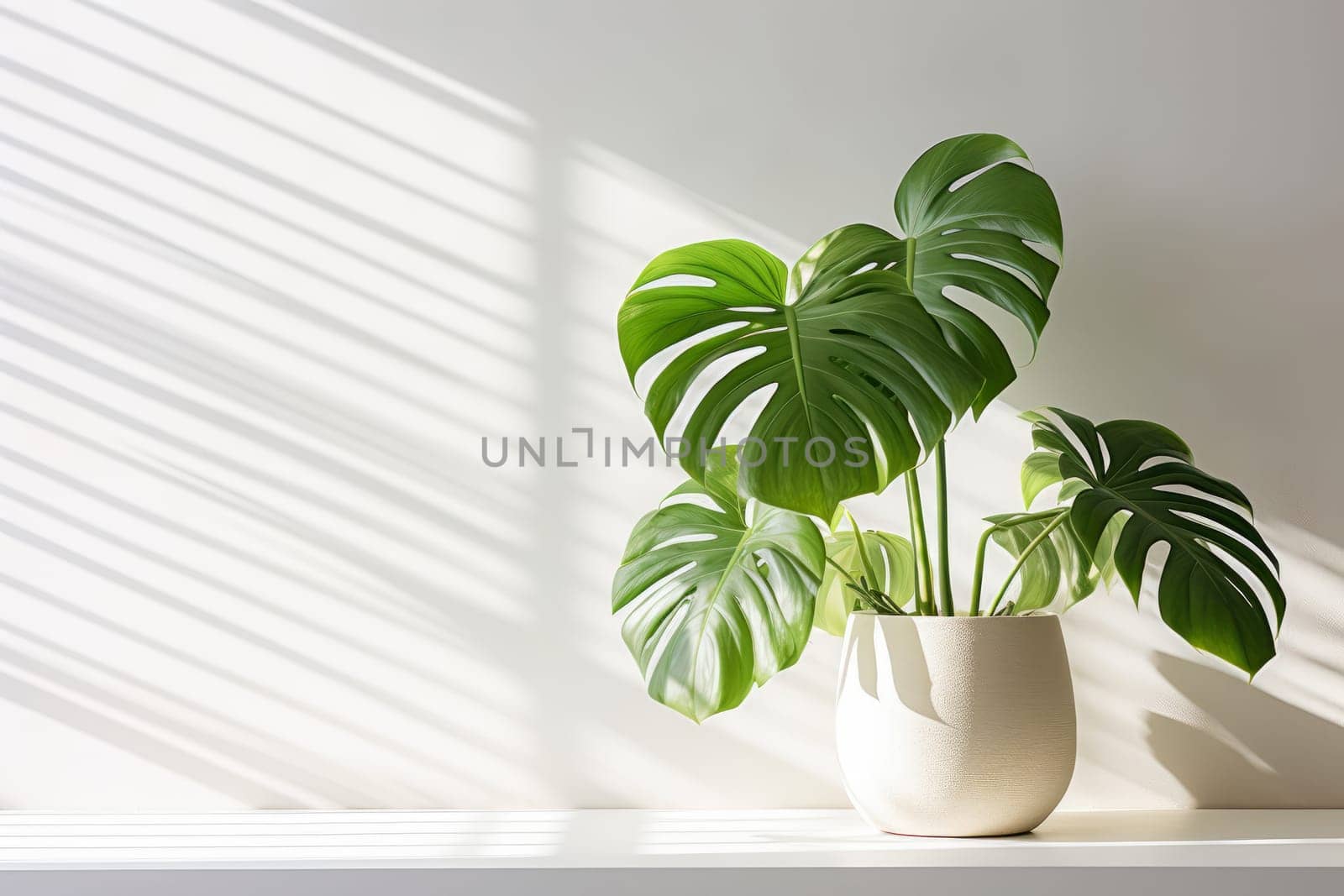 Home plants in white pots. Lighting - sunlight. Background white wall. Copy space for text.