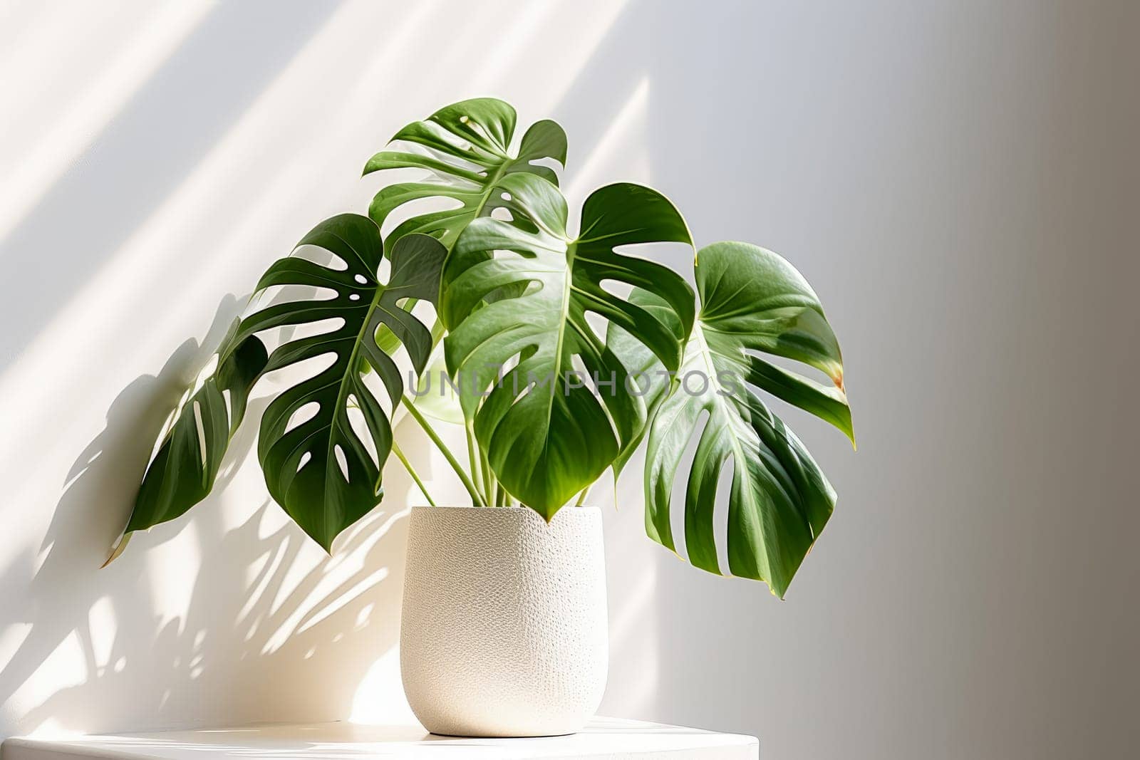 Home plants in white pots. Lighting - sunlight. Background white wall. Copy space for text by Ramanouskaya