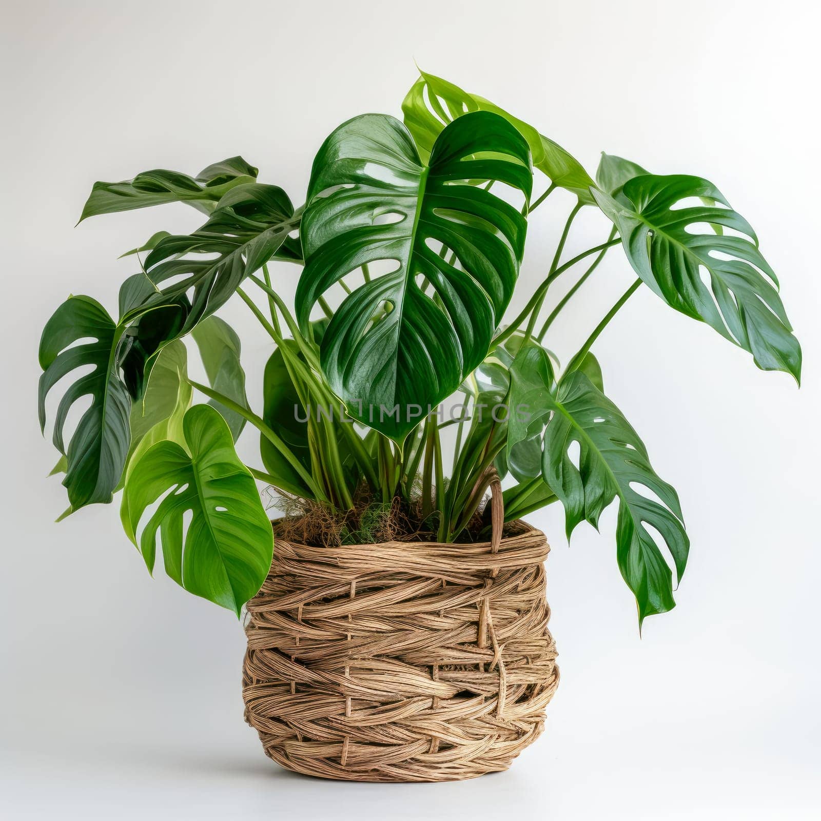 Monstera deliciosa or Swiss Cheese Plant in a woven flower pot, on a bright background by Ramanouskaya