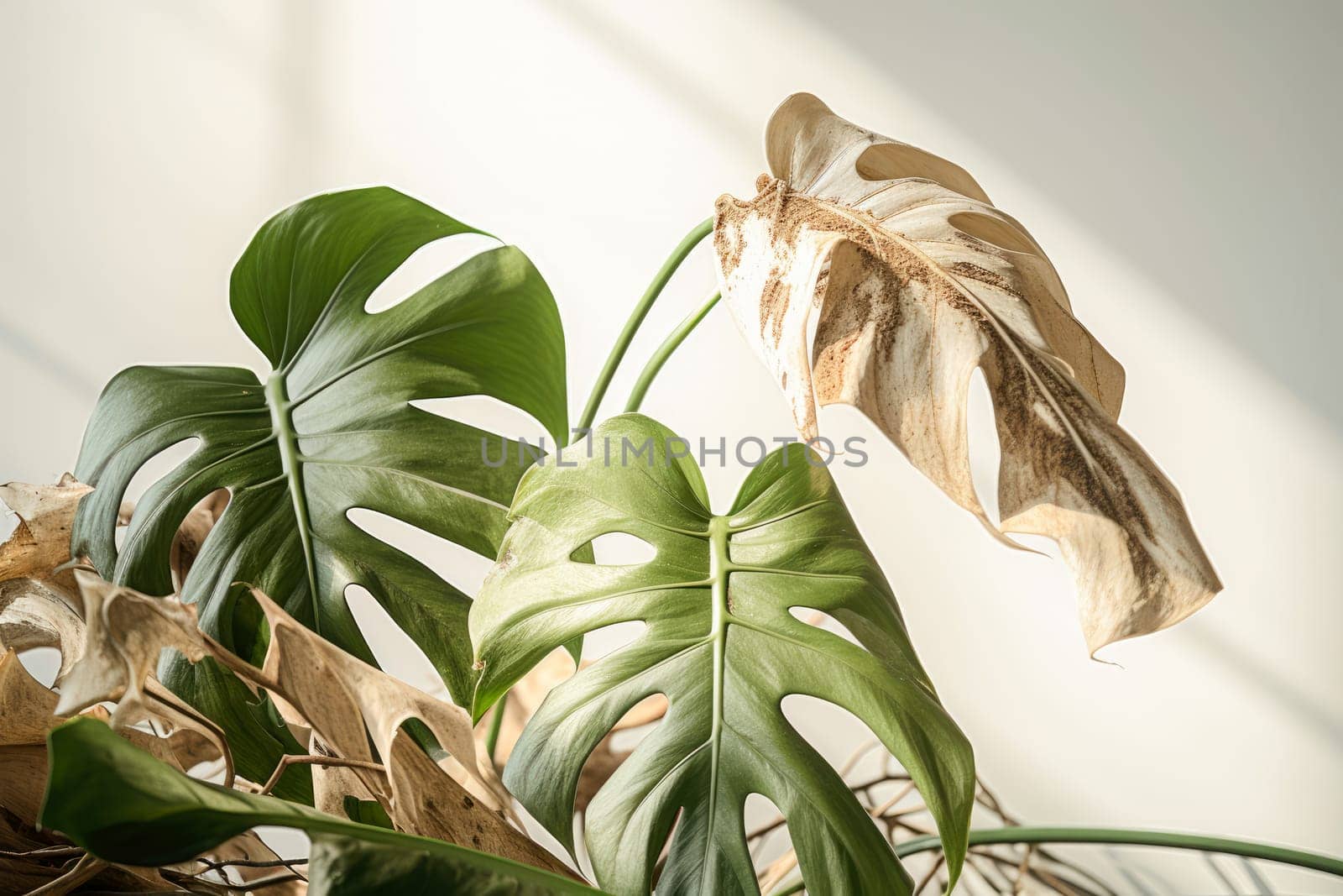 Withered monstera leaves, neglected ornamental plants, home plants, improper care by Ramanouskaya