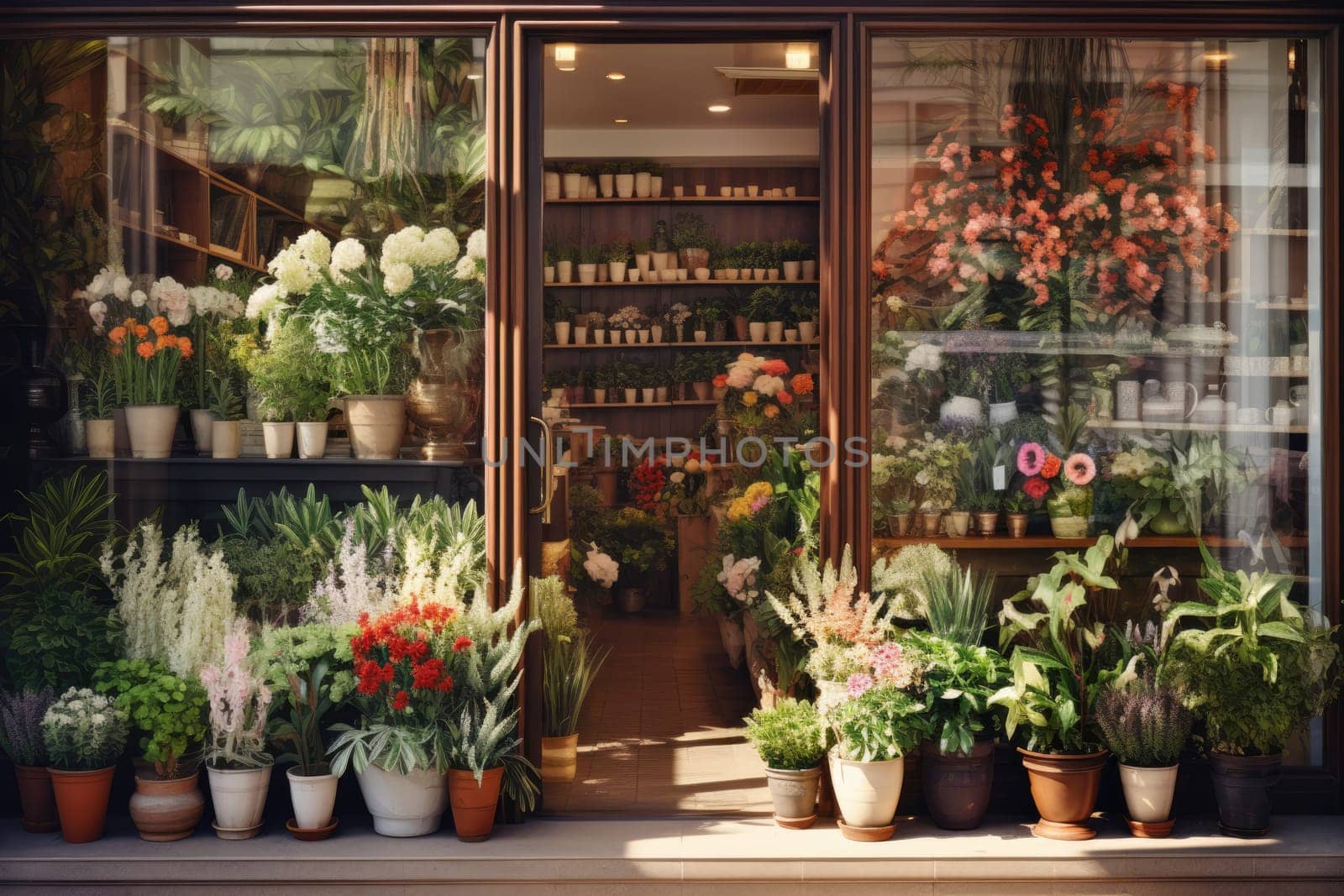 Flower shop window with flowers in pots and flowering plants. Large window against the city background. by Ramanouskaya