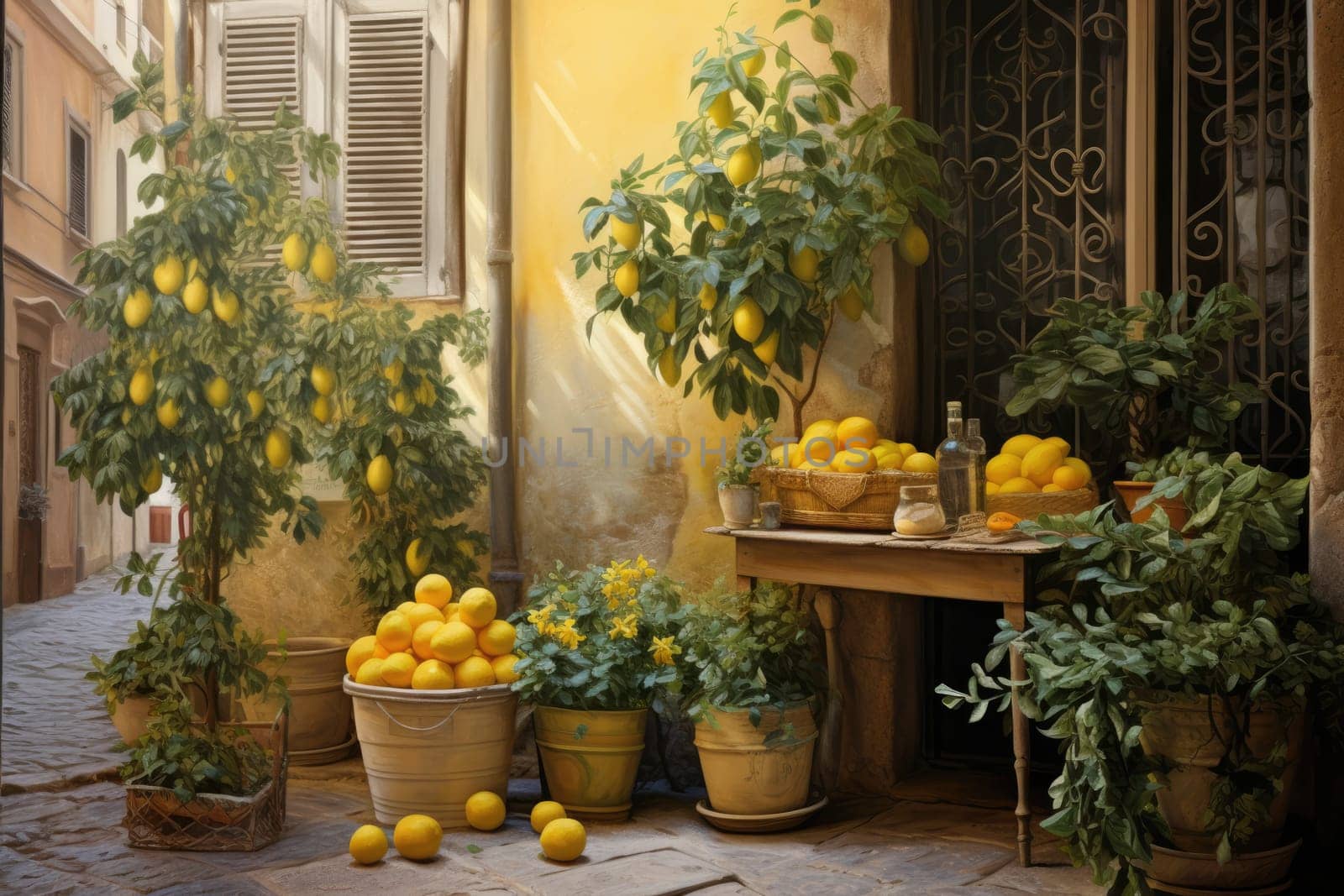 Flower shop window with flowers in pots and flowering plants. Large window against the city background