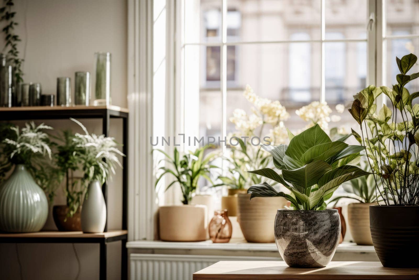 Homegrown plants in pots in the window of the modern interior of a house or apartment by Ramanouskaya
