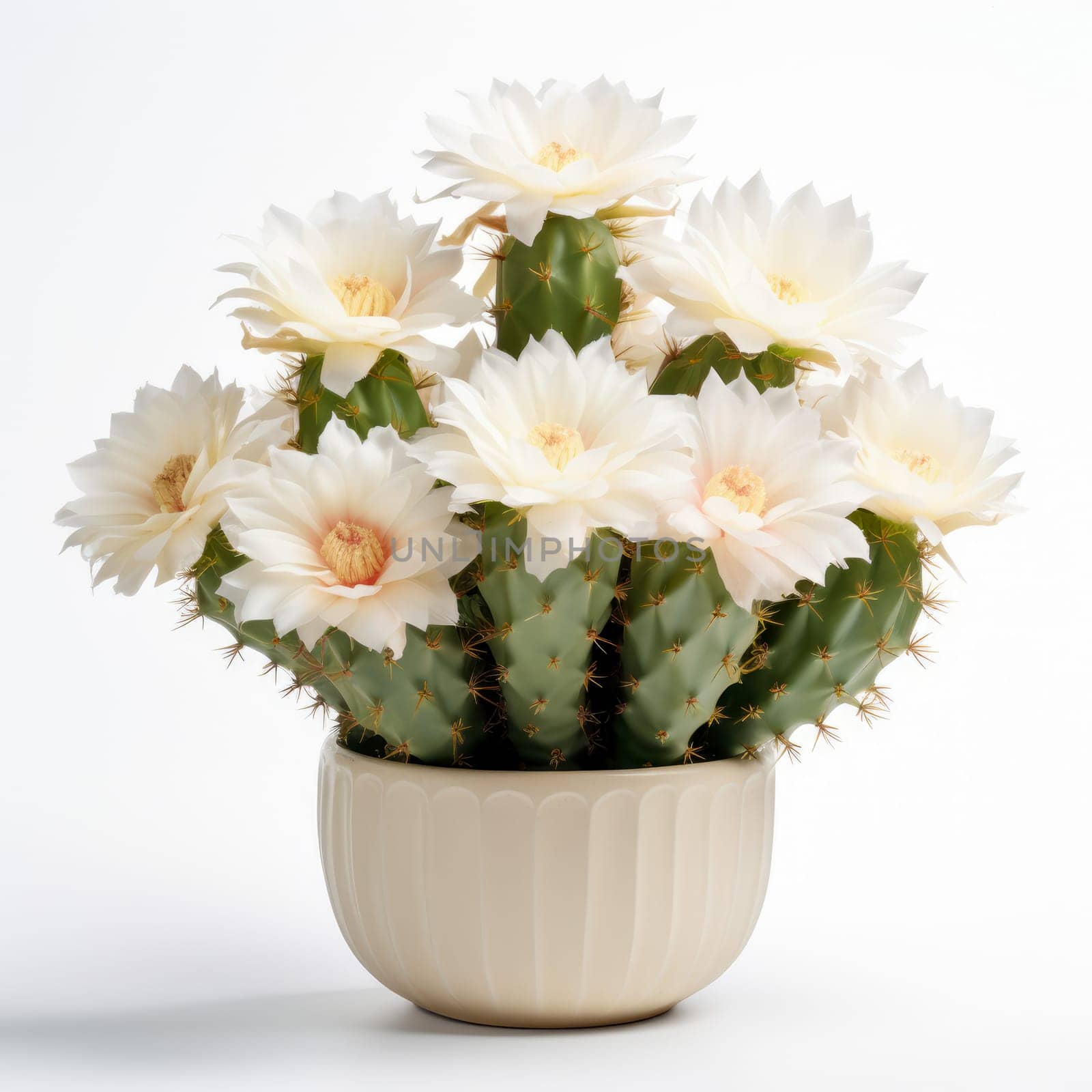 blooming cactus with white flowers in the pot. White background, isolated object. by Ramanouskaya