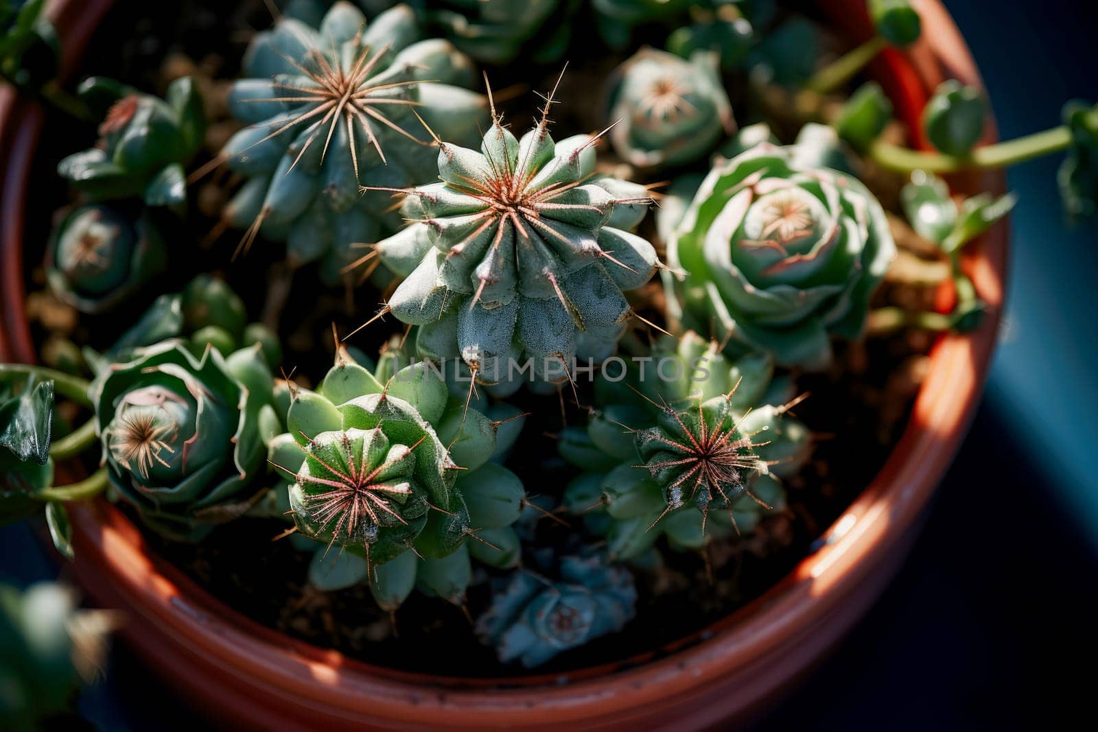 Succulent, cactus in a pot, top view. Care for domestic plants. Unpretentious flower
