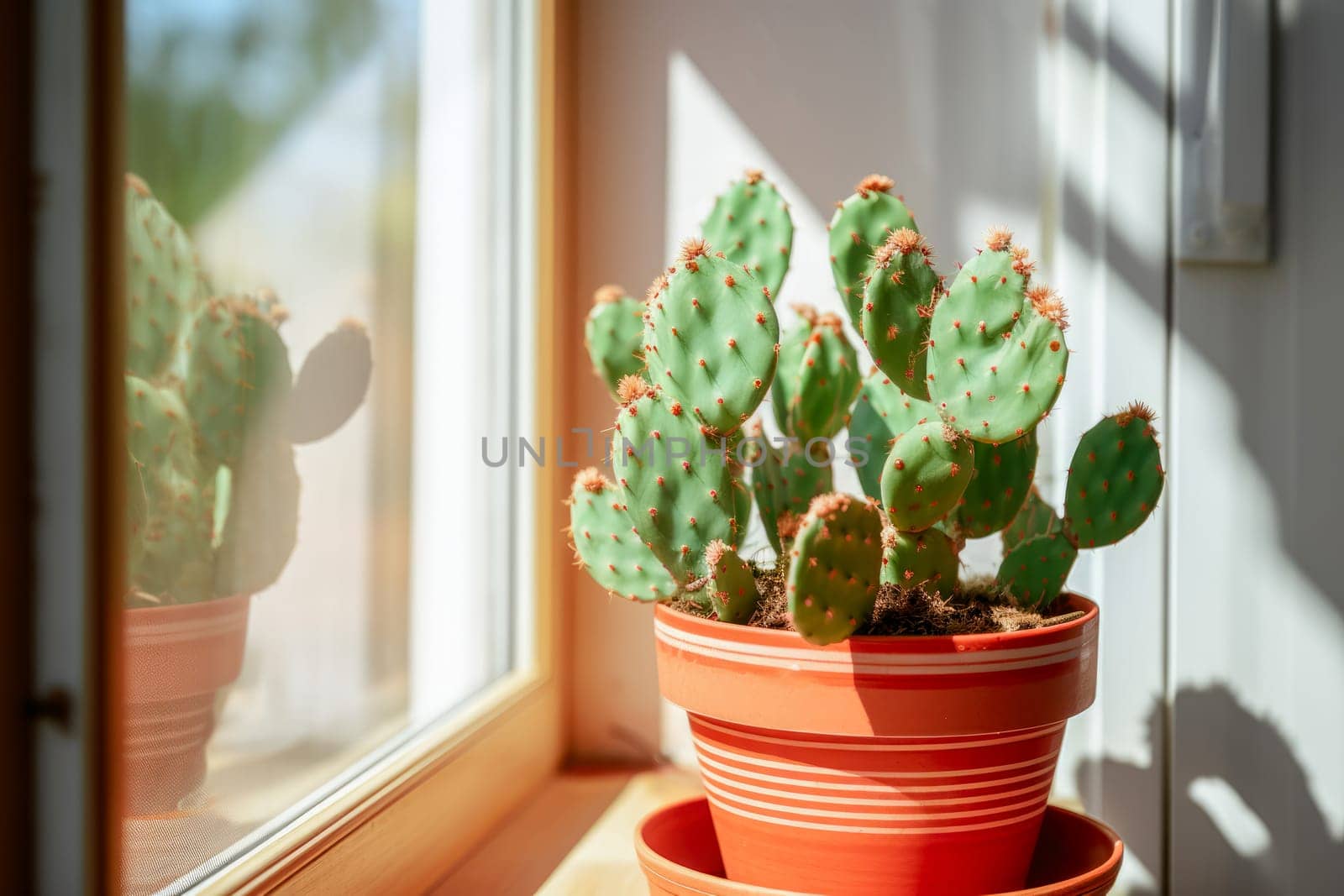 Cactus in the pot on the windowsill. . Houseplant. Sunlight from the window. by Ramanouskaya