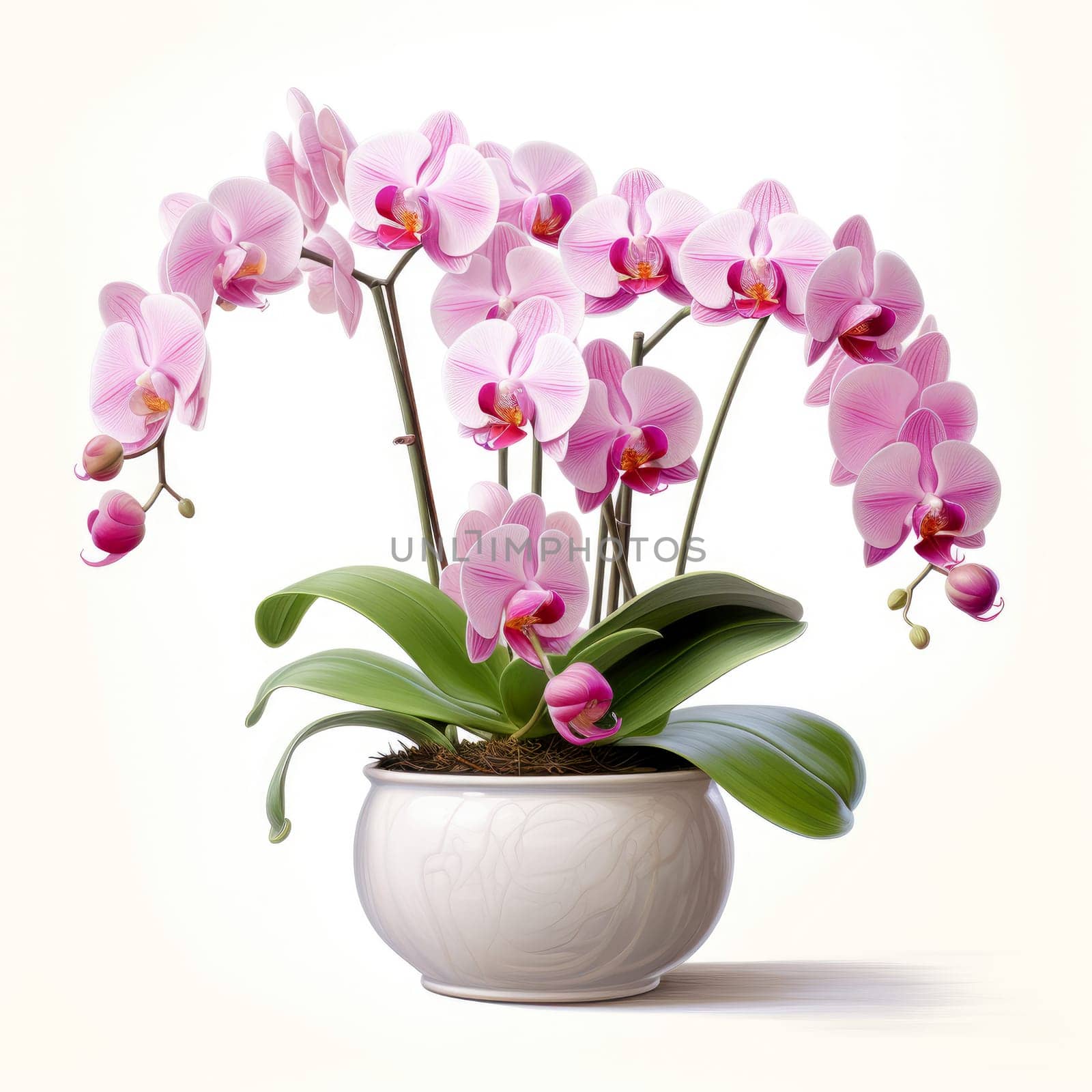Pink orchid in a white flowerpot on white background. isolated object. by Ramanouskaya