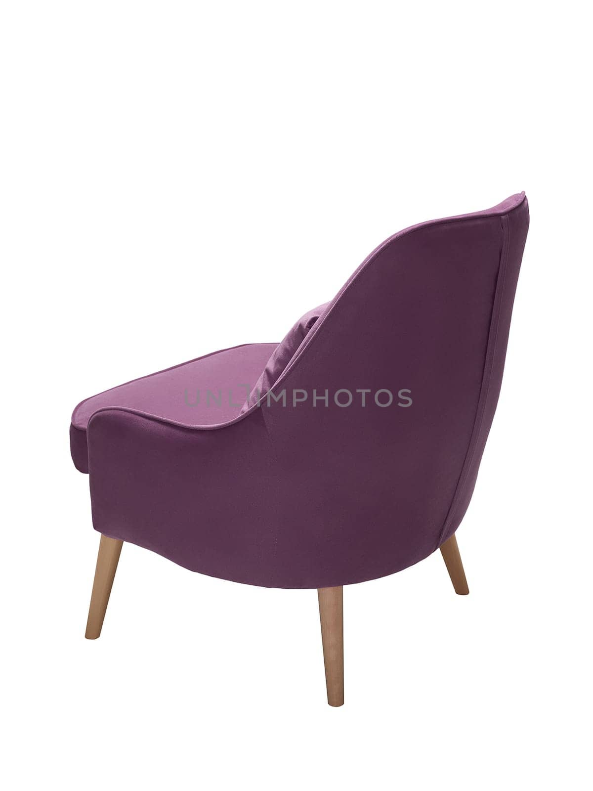 modern purple fabric armchair with wooden legs isolated on white background, back view.