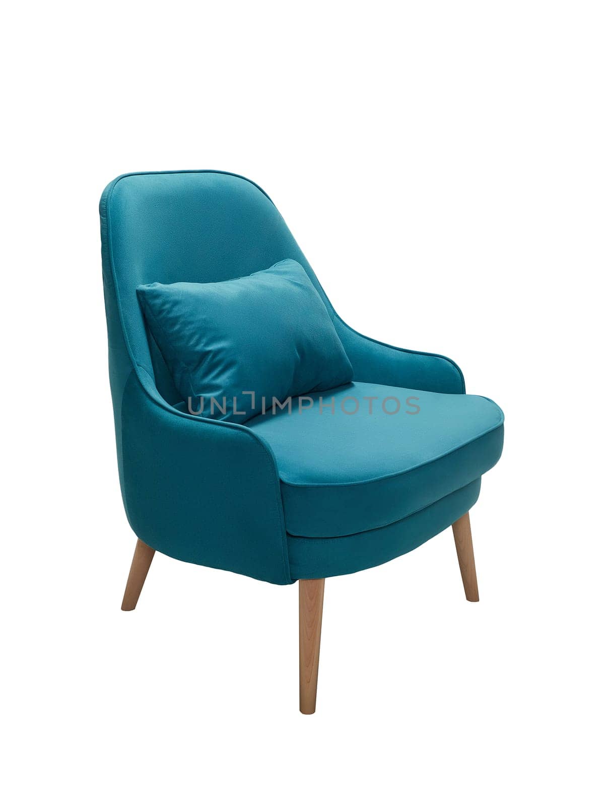 modern blue fabric armchair with wooden legs isolated on white background, side view.