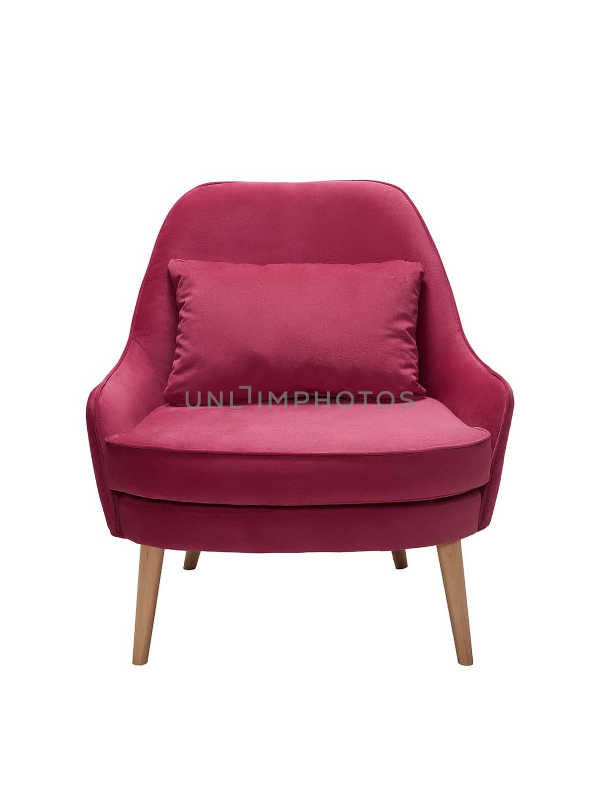 modern crimson fabric armchair with wooden legs isolated on white background, front view.