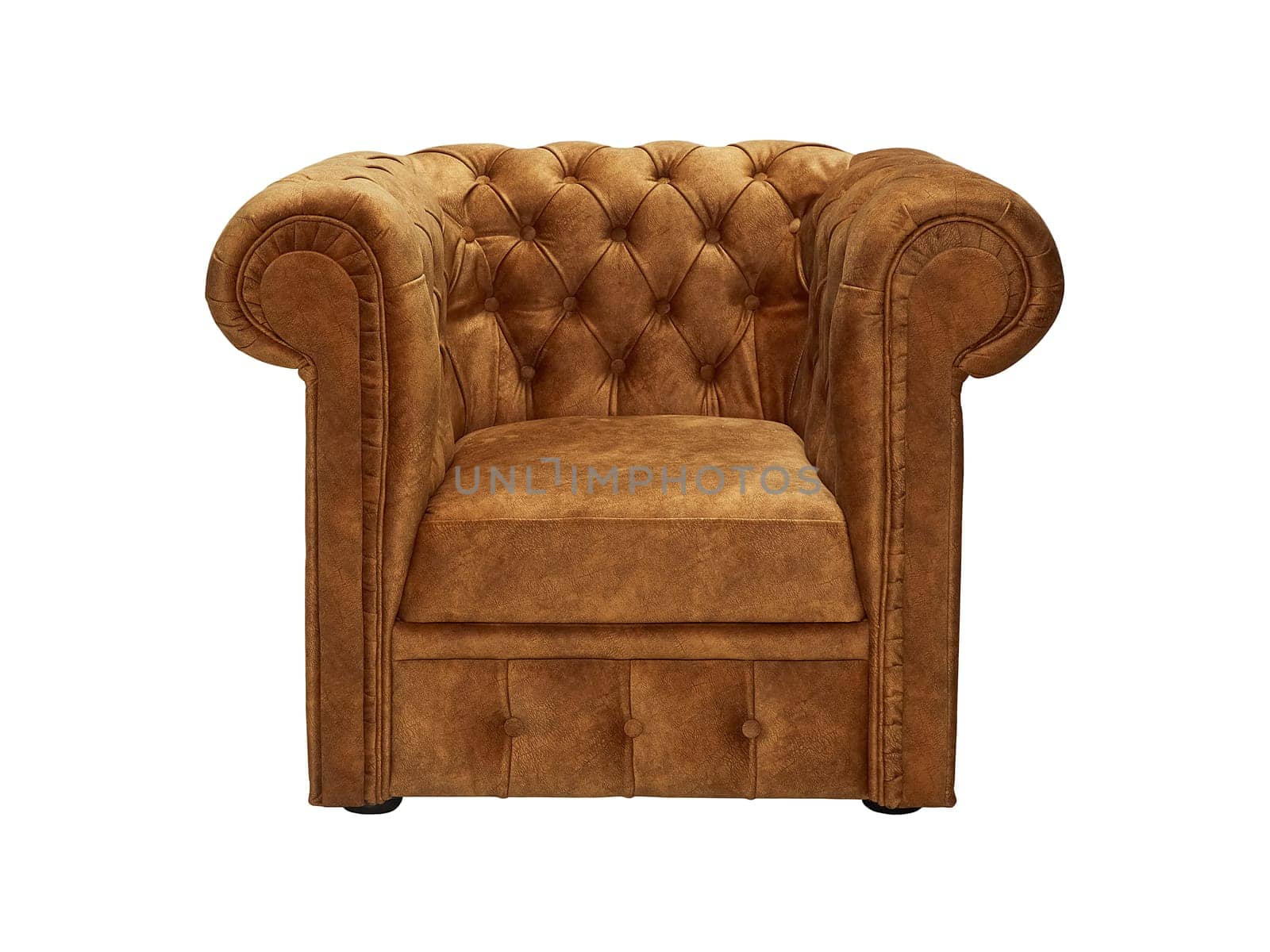vintage brown leather armchair isolated on white background, front view.