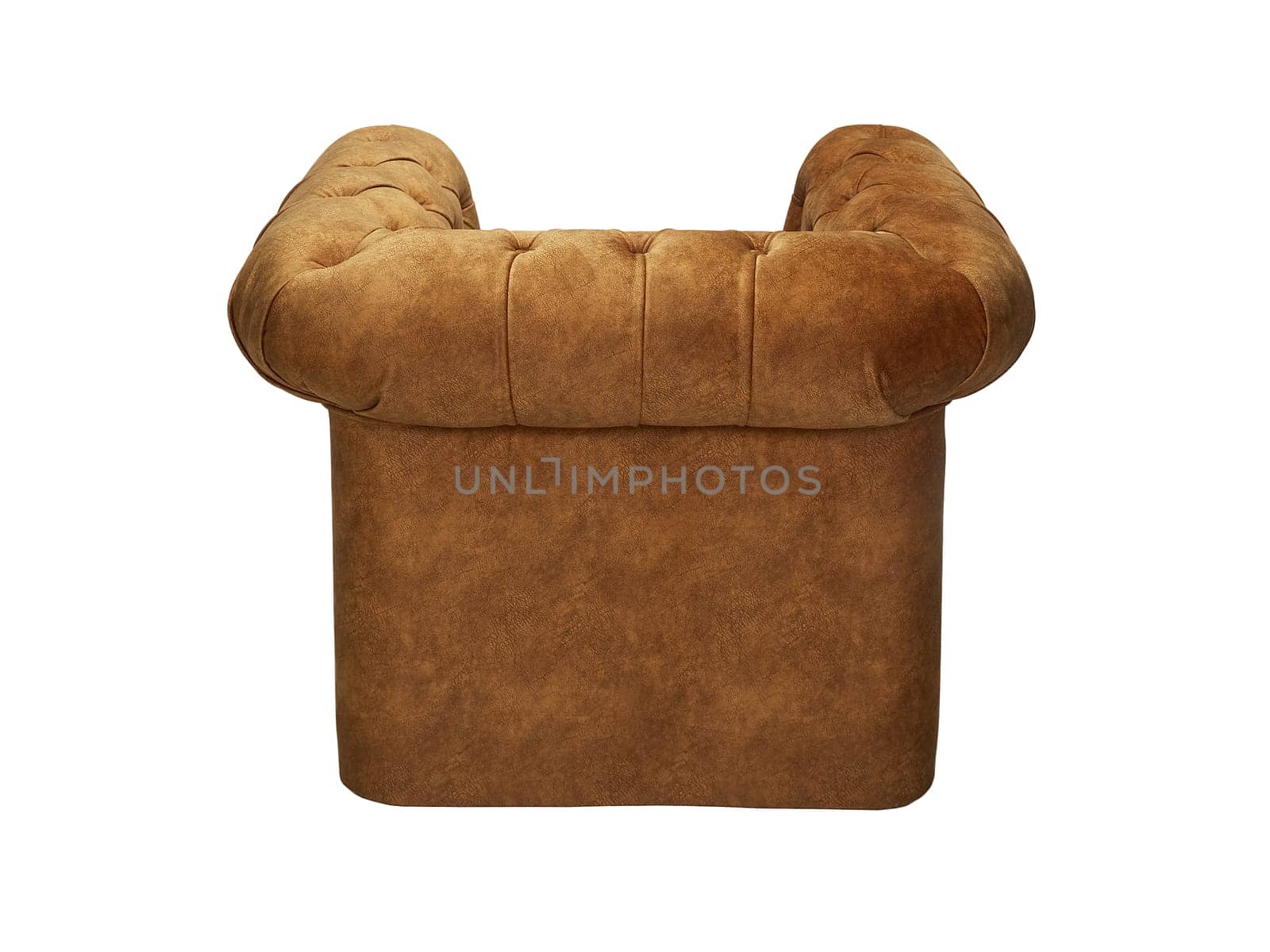 vintage brown leather armchair isolated on white background, back view.