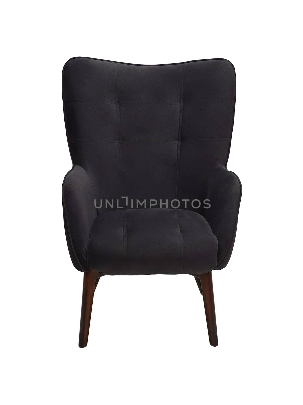 modern black fabric armchair with wooden legs isolated on white background, front view.