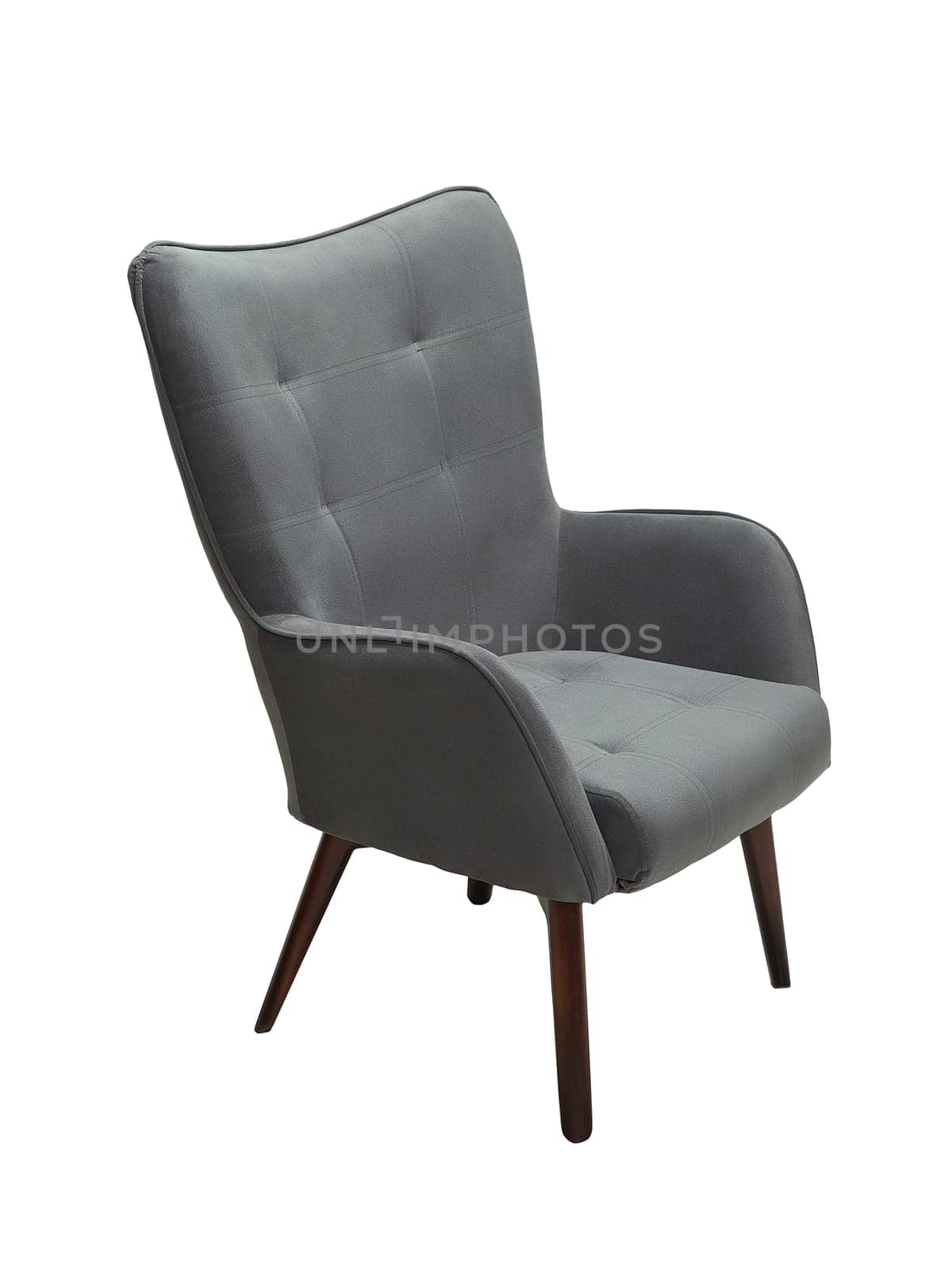 modern gray fabric armchair with wooden legs isolated on white background, side view. by artemzatsepilin