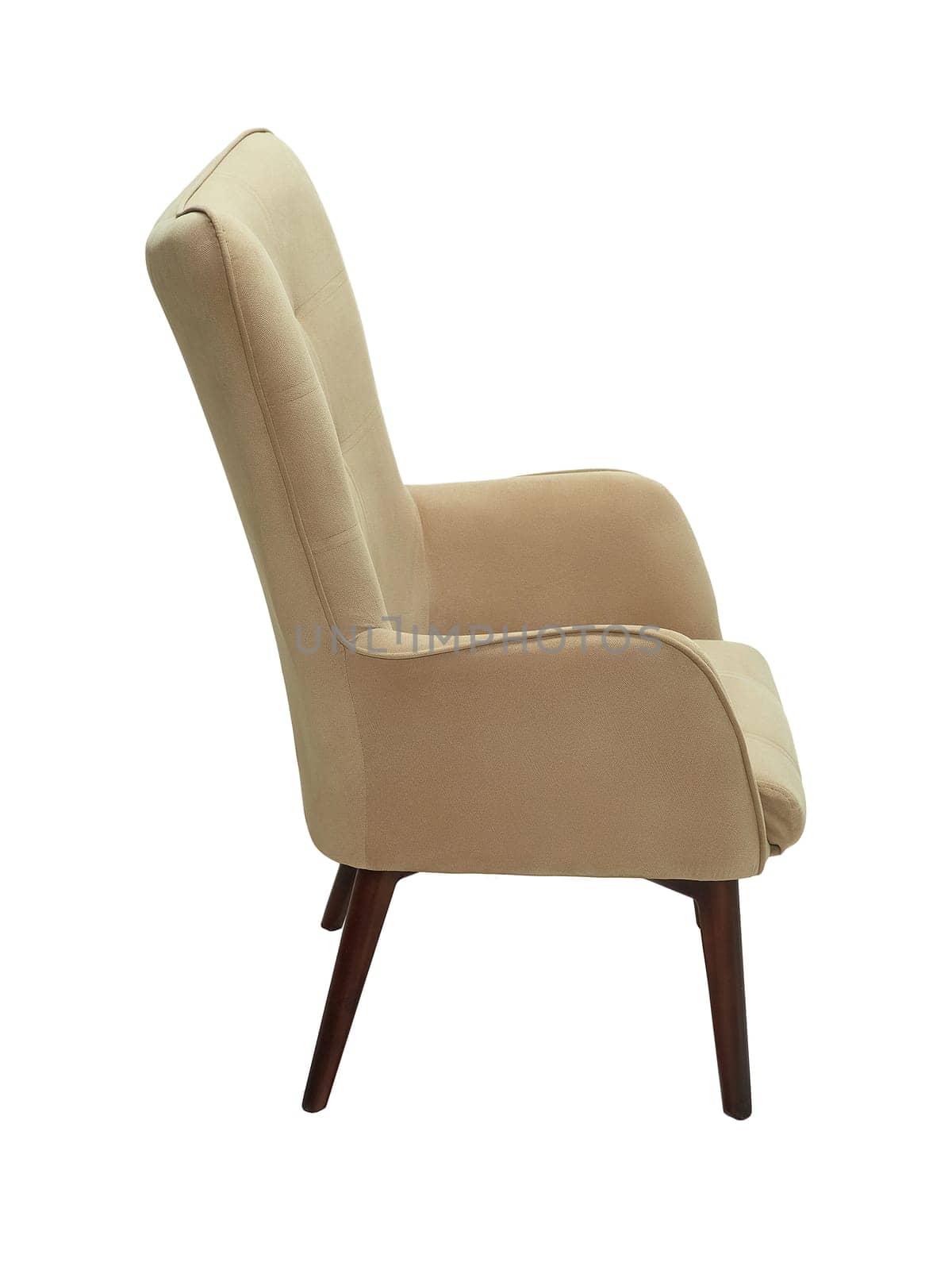 modern beige fabric armchair with wooden legs isolated on white background, side view by artemzatsepilin