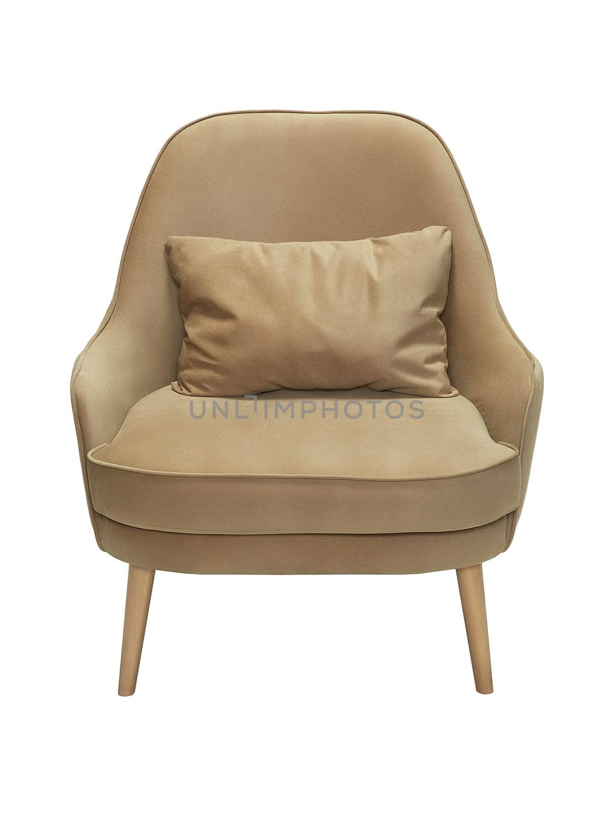 modern beige fabric armchair with wooden legs isolated on white background, front view by artemzatsepilin