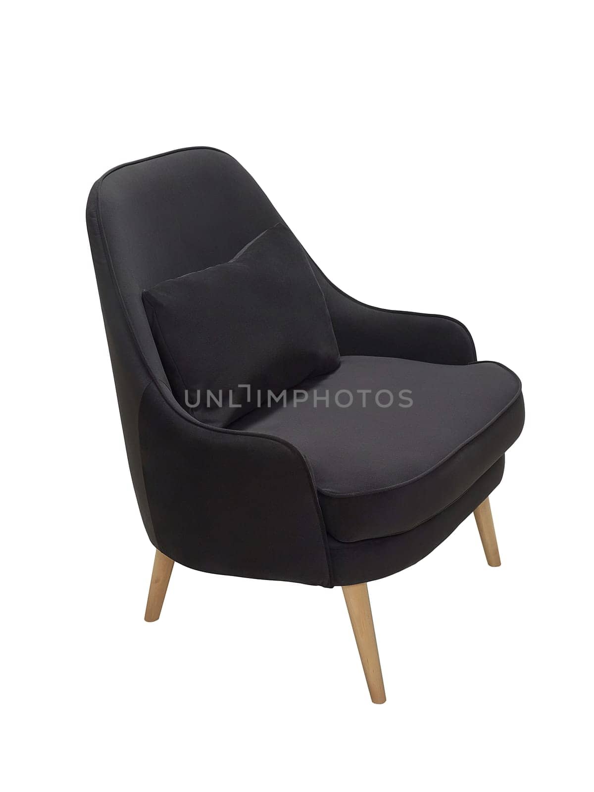 modern black fabric armchair with wooden legs isolated on white background, side view.