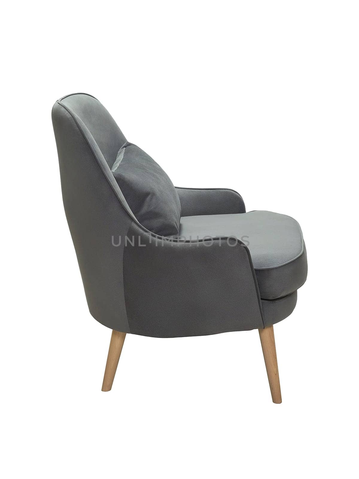 modern gray fabric armchair with wooden legs isolated on white background, side view by artemzatsepilin