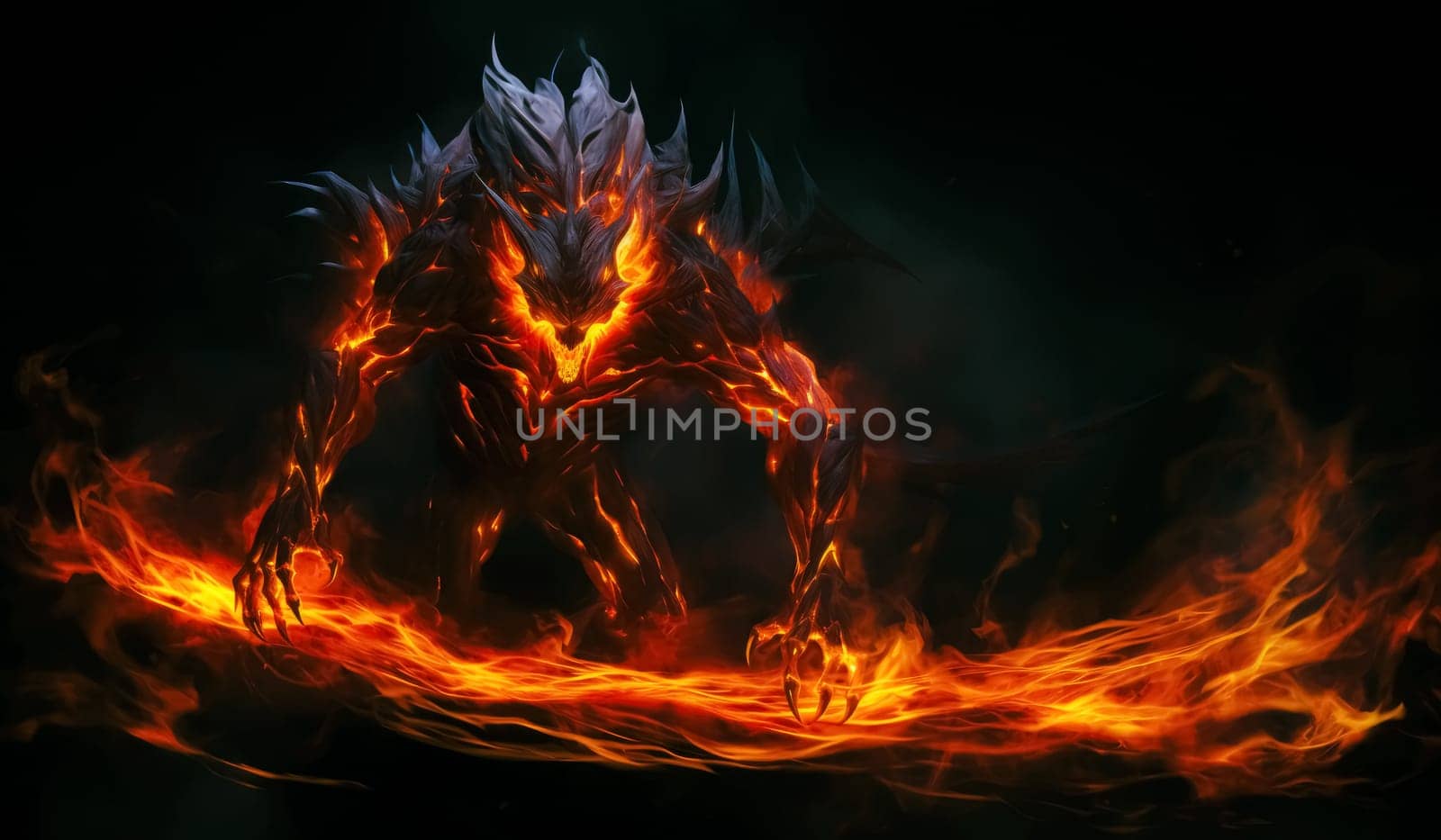 Fiery demon. Mystical monster in fire on dark background. A horrible creature from a nightmare.