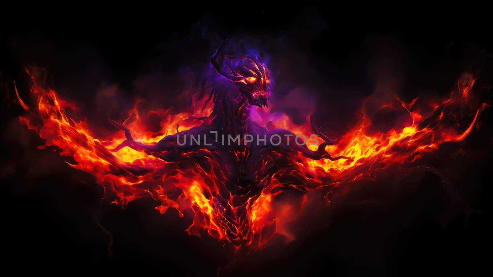 Fiery demon. Mystical monster in fire on dark background.  by palinchak