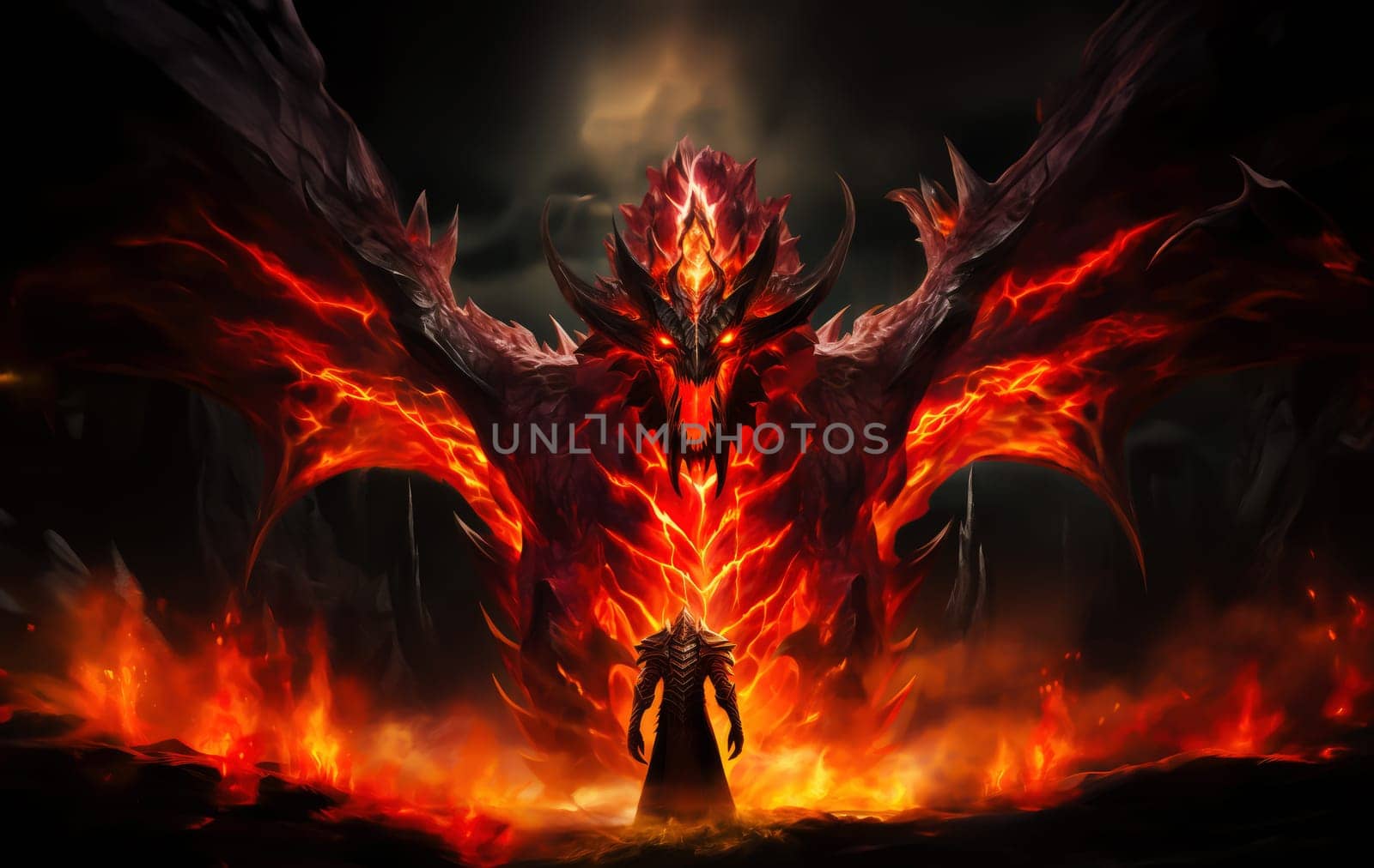 Fiery demon. Mystical monster in fire on dark background.  by palinchak