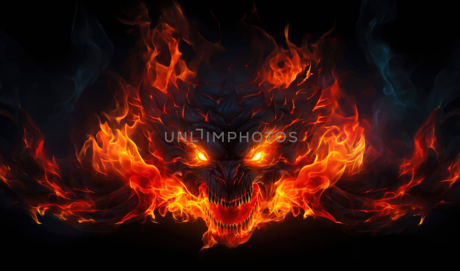 Fiery demon. Mystical monster in fire on dark background.  by palinchak