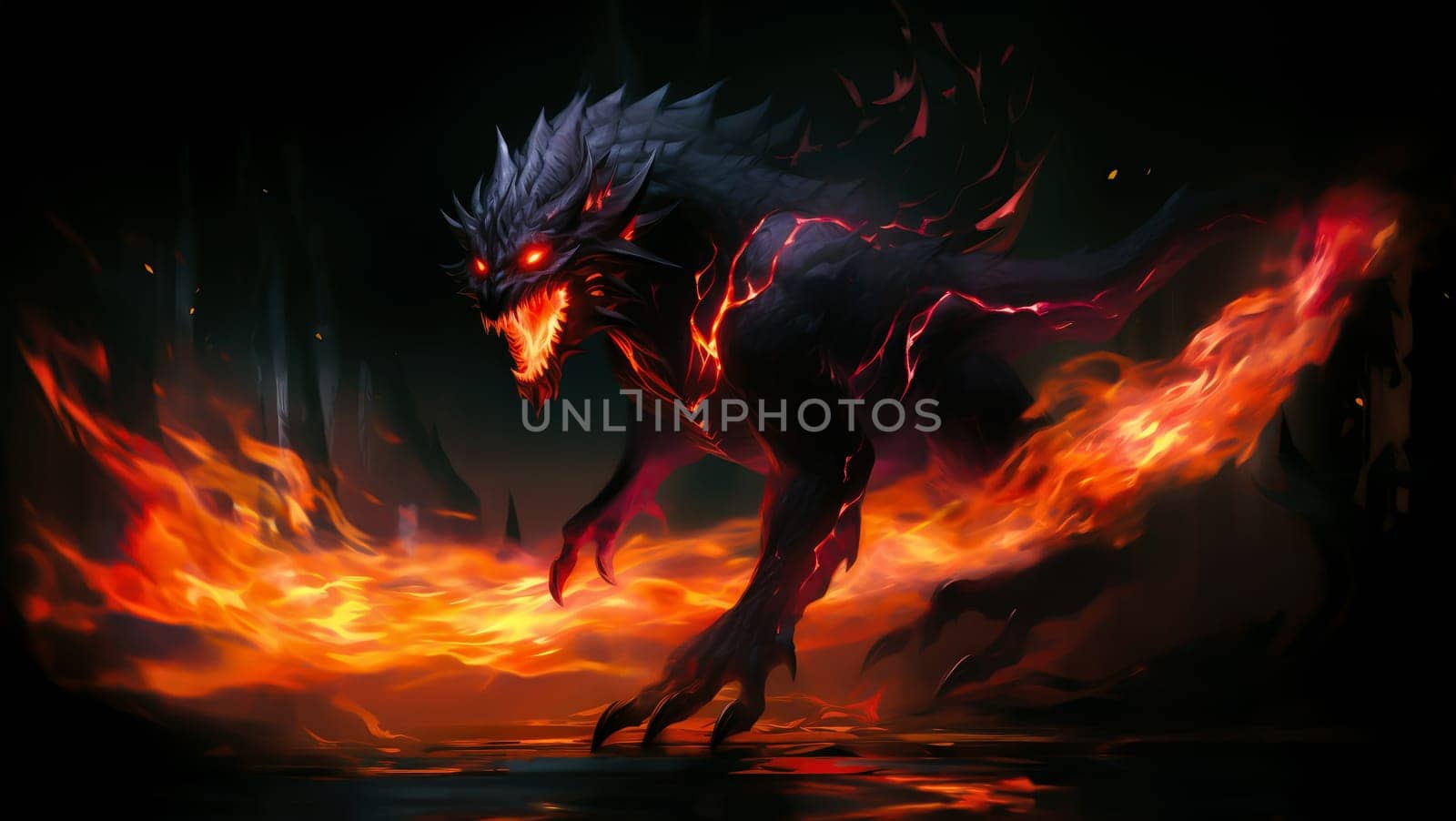 Fiery demon. Mystical monster in fire on dark background. A horrible creature from a nightmare.